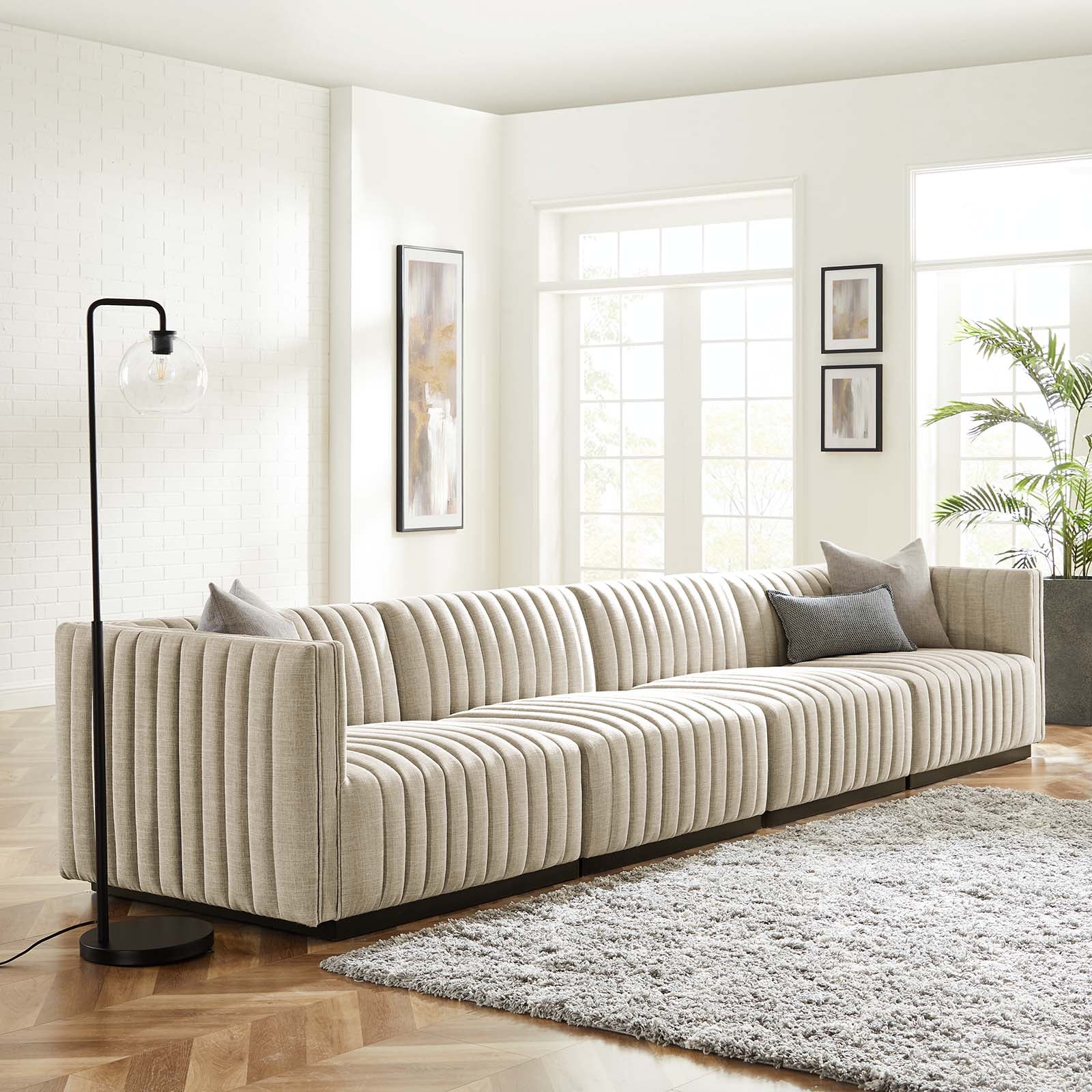 Modway Sofas & Couches - Conjure Channel Tufted Upholstered Fabric 4-Piece Sofa Black Beige