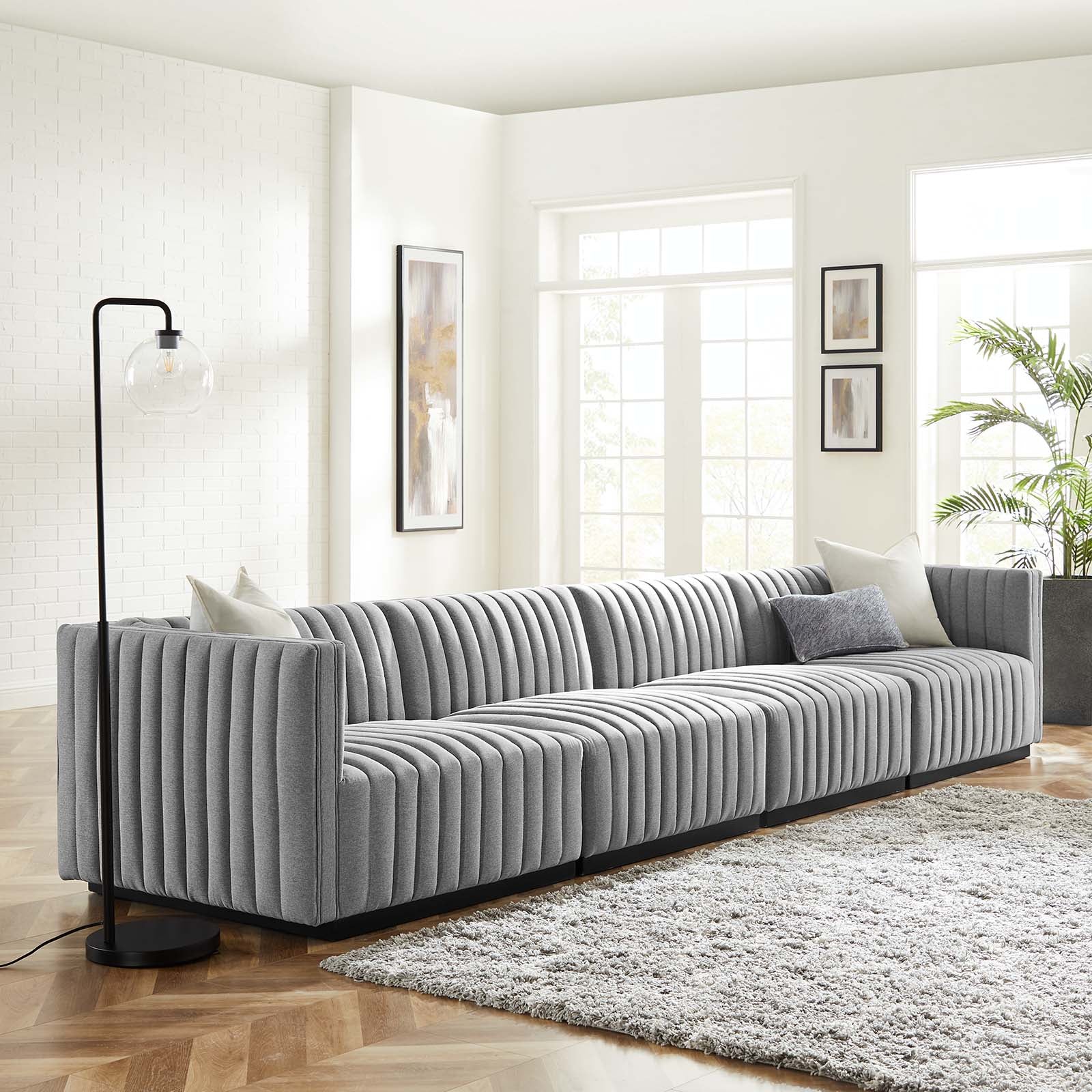 Modway Sofas & Couches - Conjure Channel Tufted Upholstered Fabric 4-Piece Sofa Black Light Gray