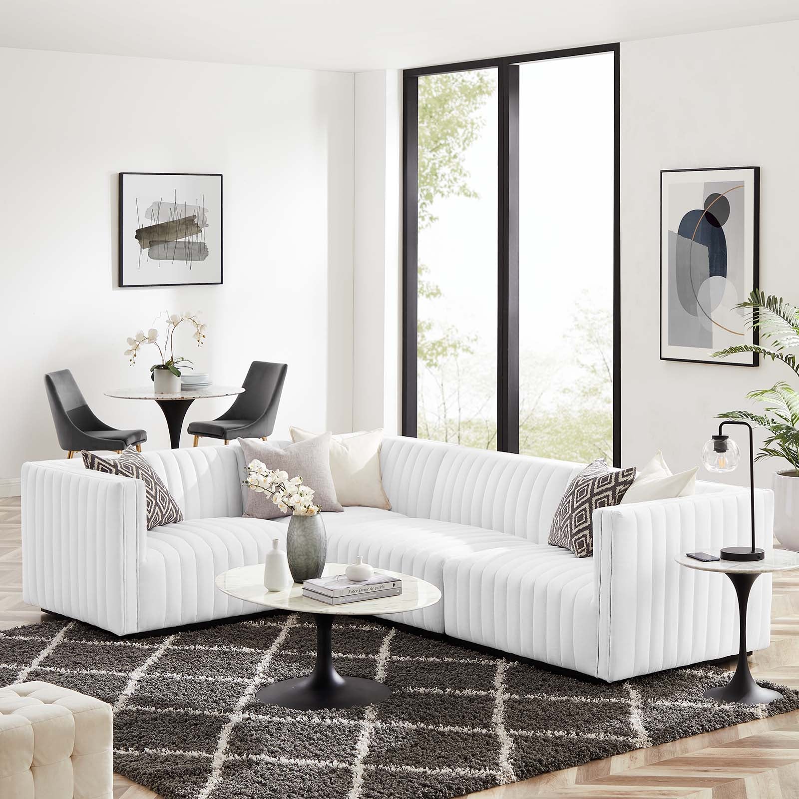 Modway Sectional Sofas - Conjure Channel Tufted Upholstered 73 " W Fabric 4-Piece L-Shaped Sectional Black White