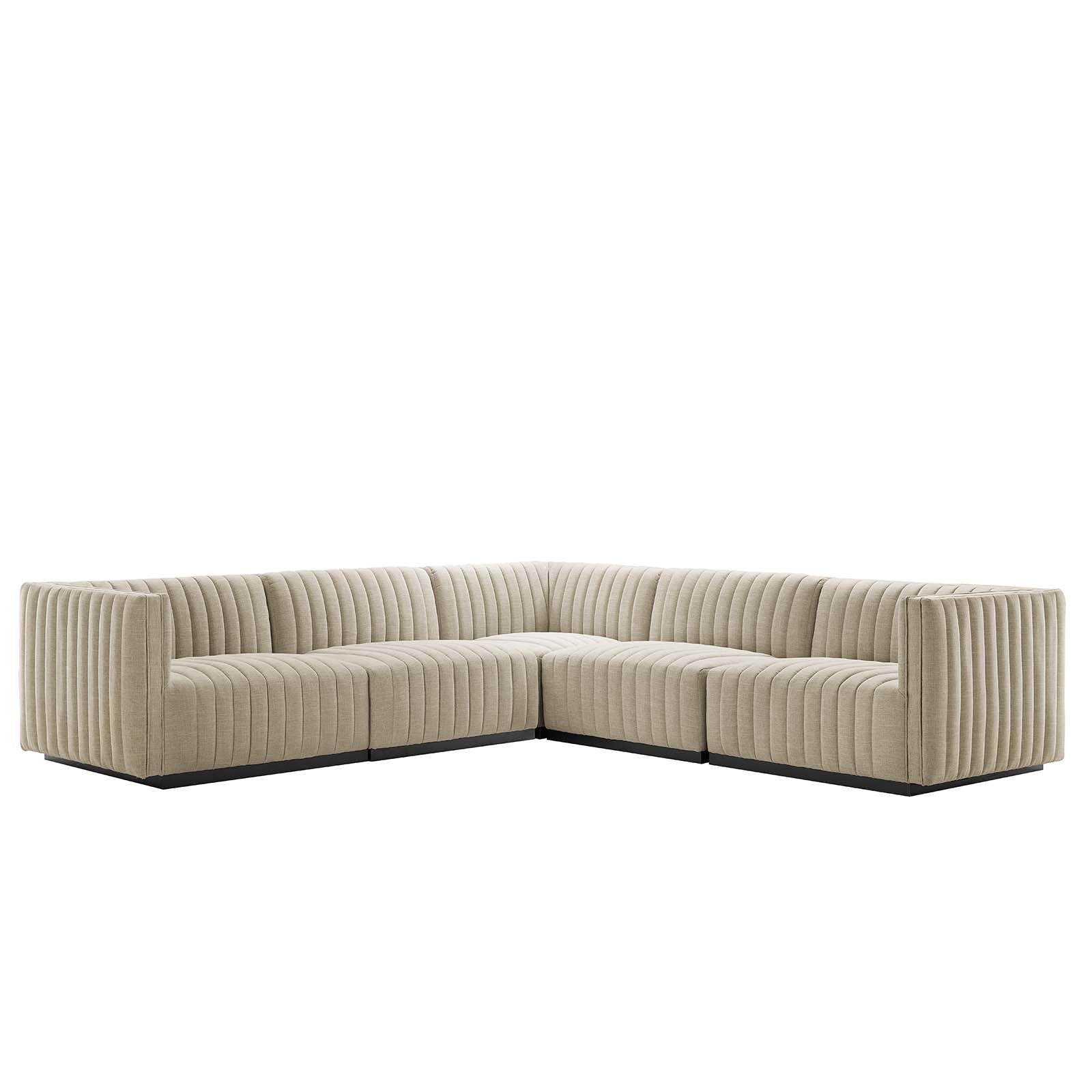 Modway Sectional Sofas - Conjure Channel Tufted 114 " W Upholstered Fabric 5-Piece L-Shaped Sectional Black Beige