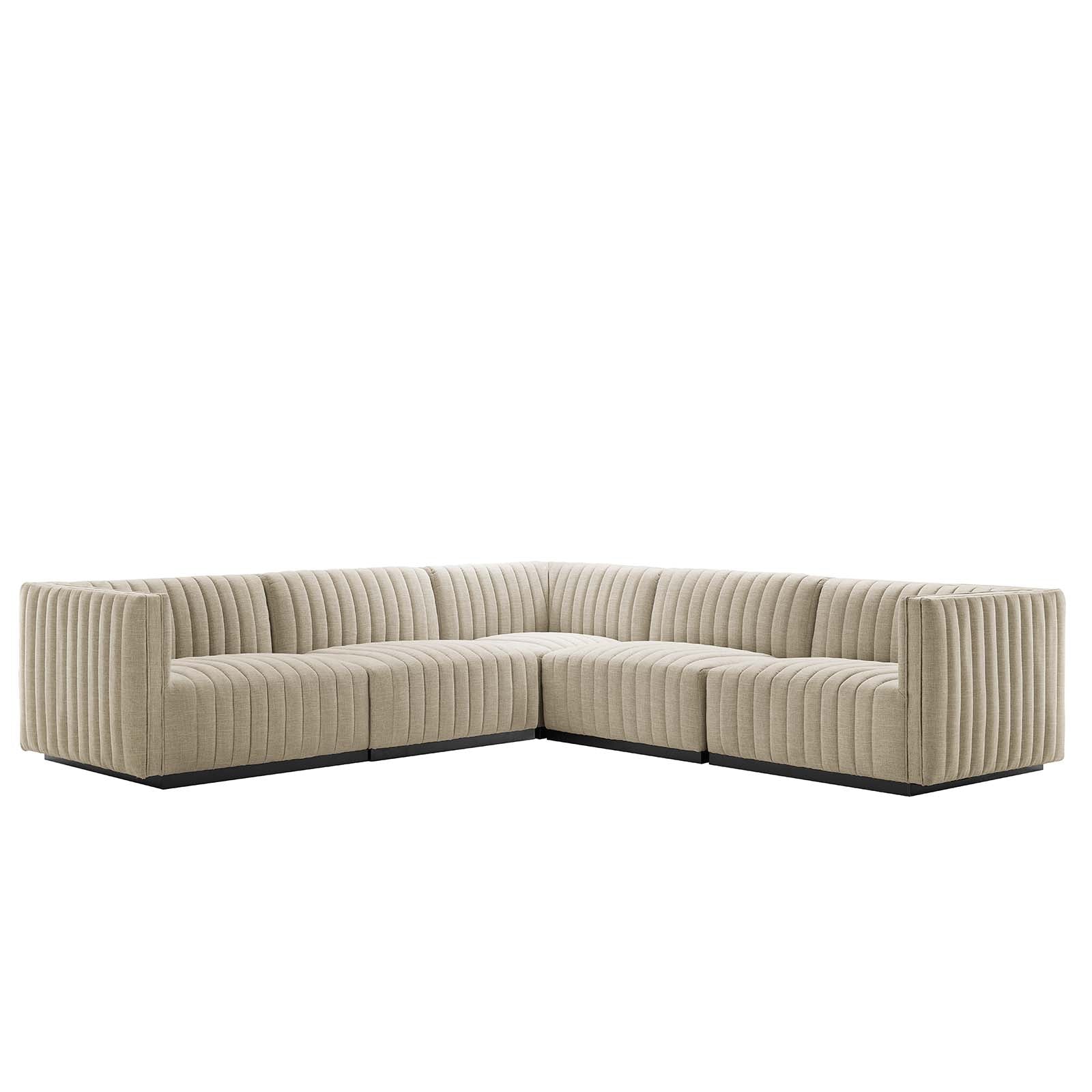 Modway Sectional Sofas - Conjure Channel Tufted Upholstered Fabric 5-Piece L-Shaped Sectional Black Beige