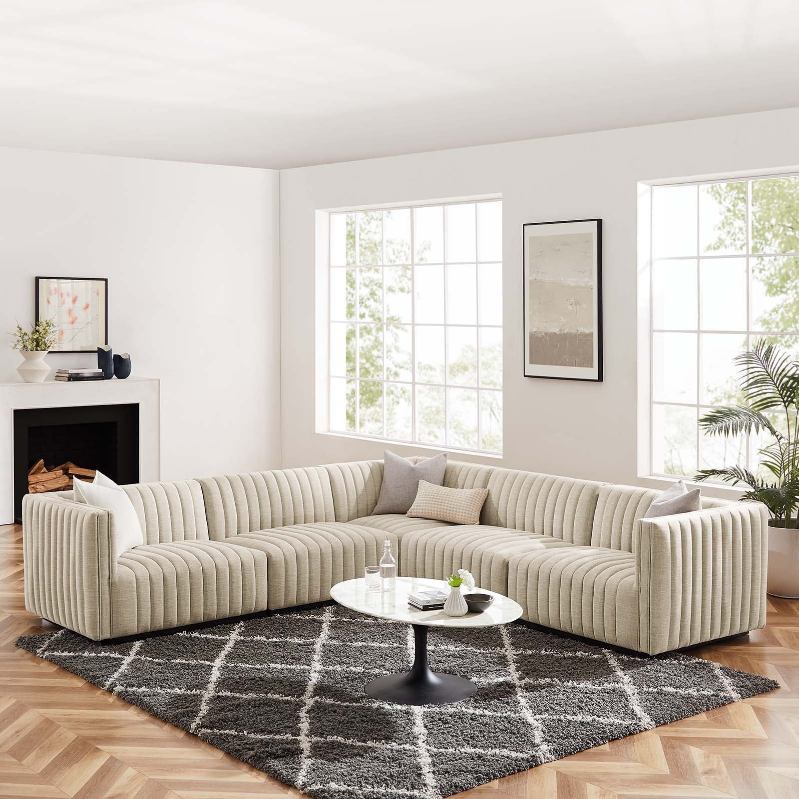 Modway Sectional Sofas - Conjure Channel Tufted Upholstered Fabric 5-Piece L-Shaped Sectional Black Beige