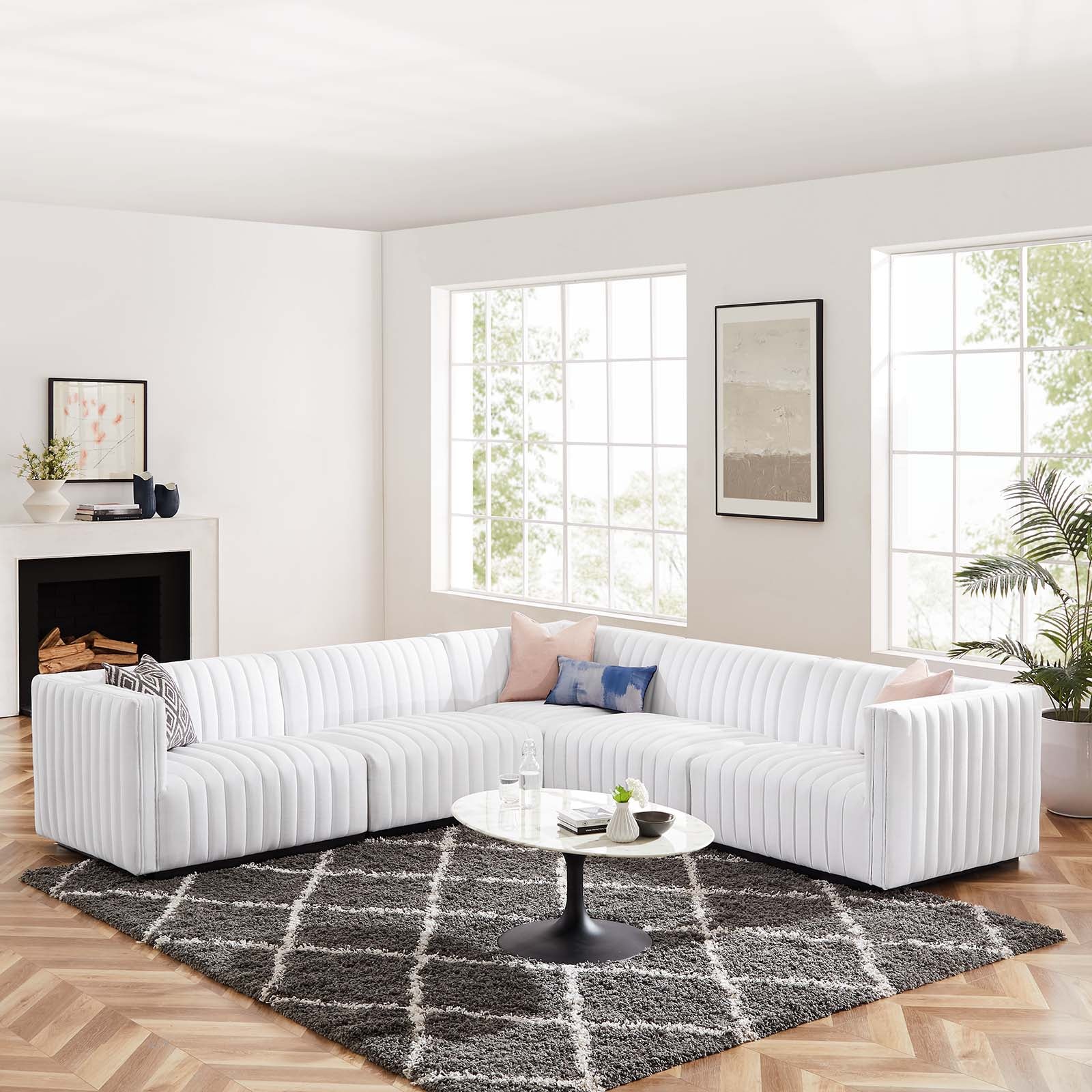 Modway Sectional Sofas - Conjure Channel Tufted Upholstered Fabric 5-Piece L-Shaped Sectional Black White