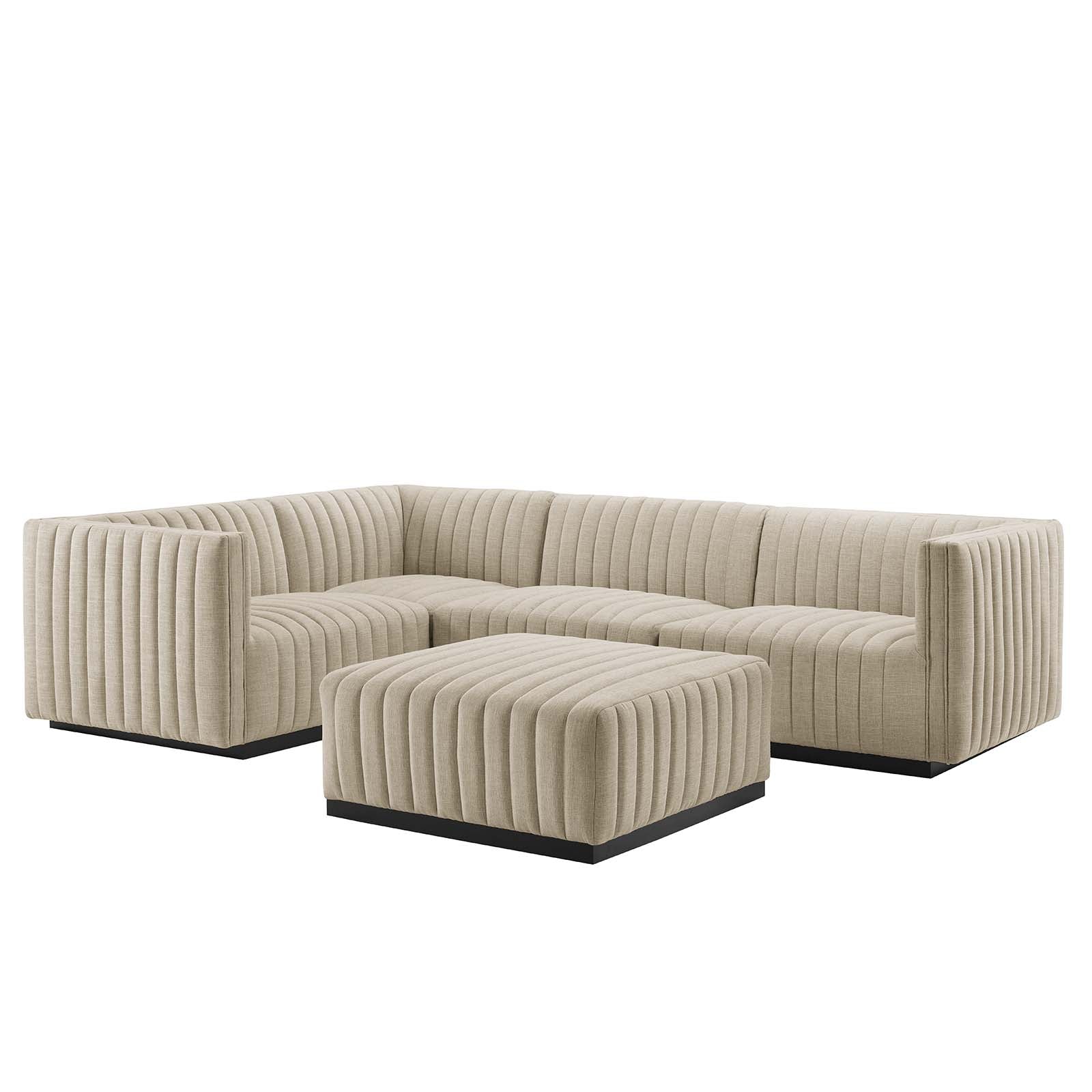 Modway Sectional Sofas - Conjure Channel 119 " L Tufted Upholstered Fabric 5-Piece Sectional Black Beige
