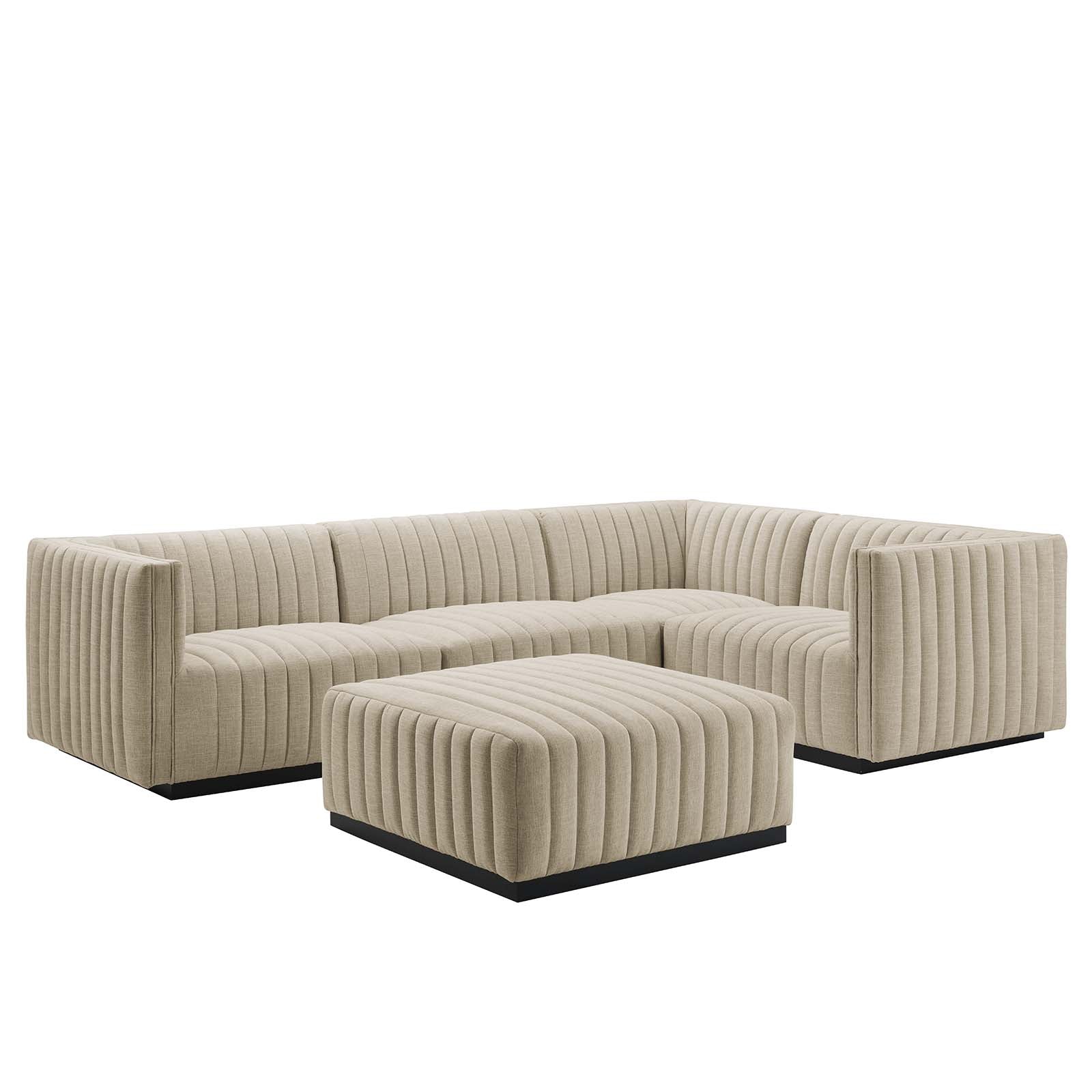 Modway Sectional Sofas - Conjure Channel Tufted Upholstered Fabric 5-Piece Sectional Black Beige