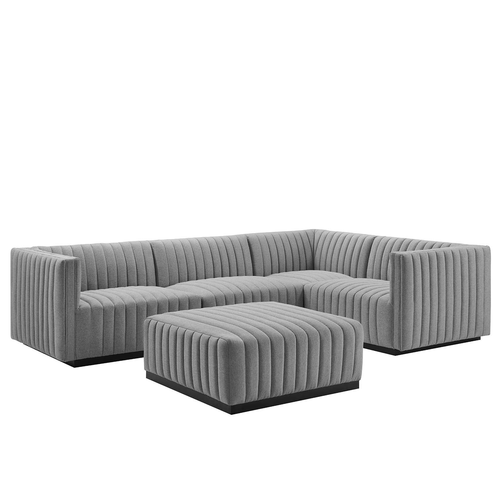 Modway Sectional Sofas - Conjure Channel Tufted Upholstered Fabric 5-Piece Sectional Black Light Gray