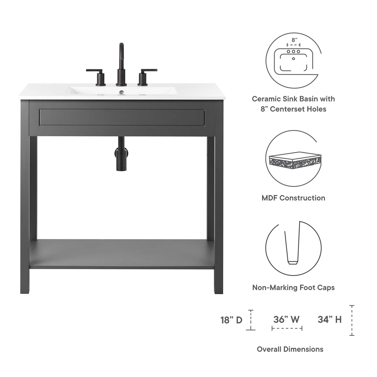 Modway Bathroom Vanity - Altura 36" Bathroom Vanity Gray White