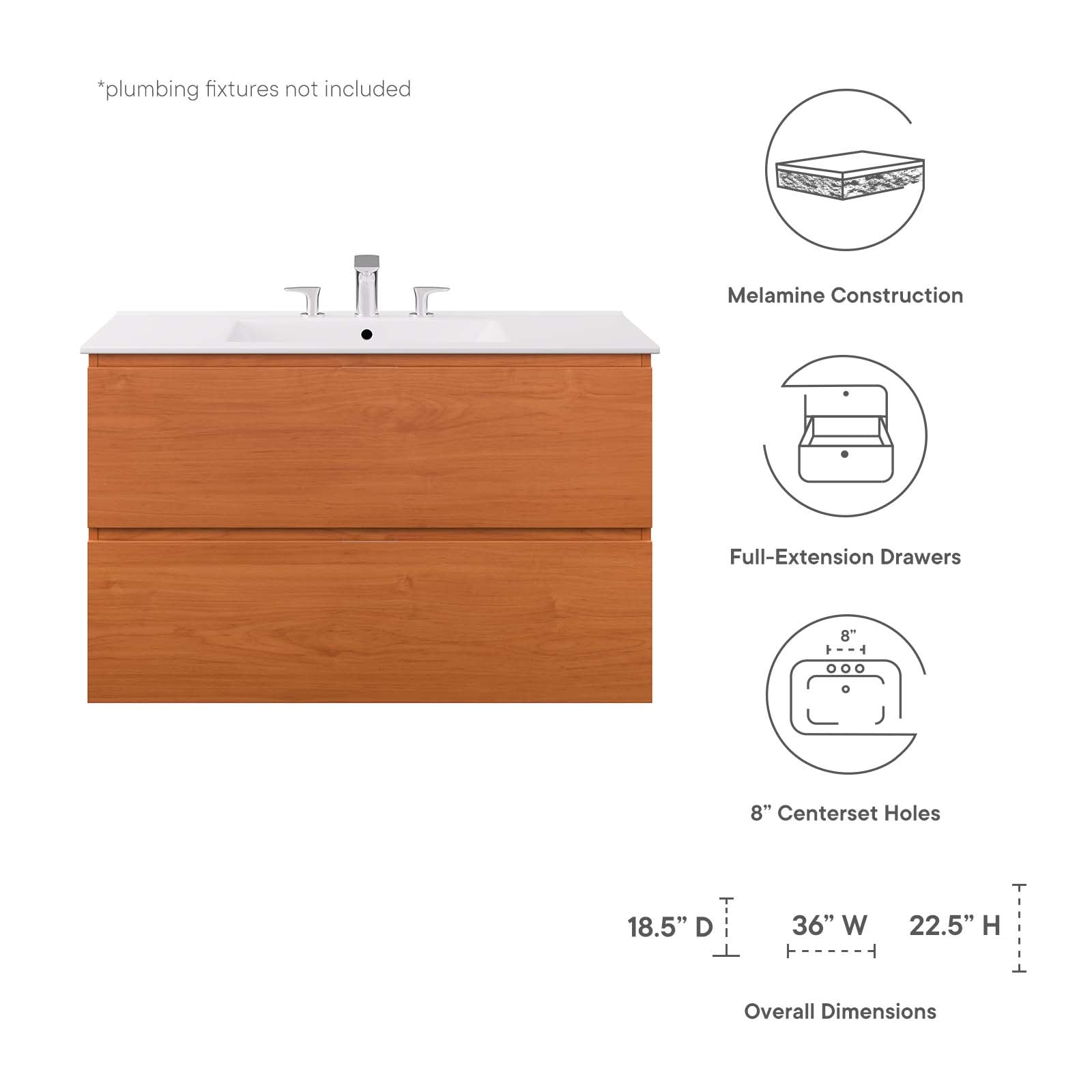 Modway Bathroom Vanity - Scenic 36" Wall-Mount Bathroom Vanity Cherry | White