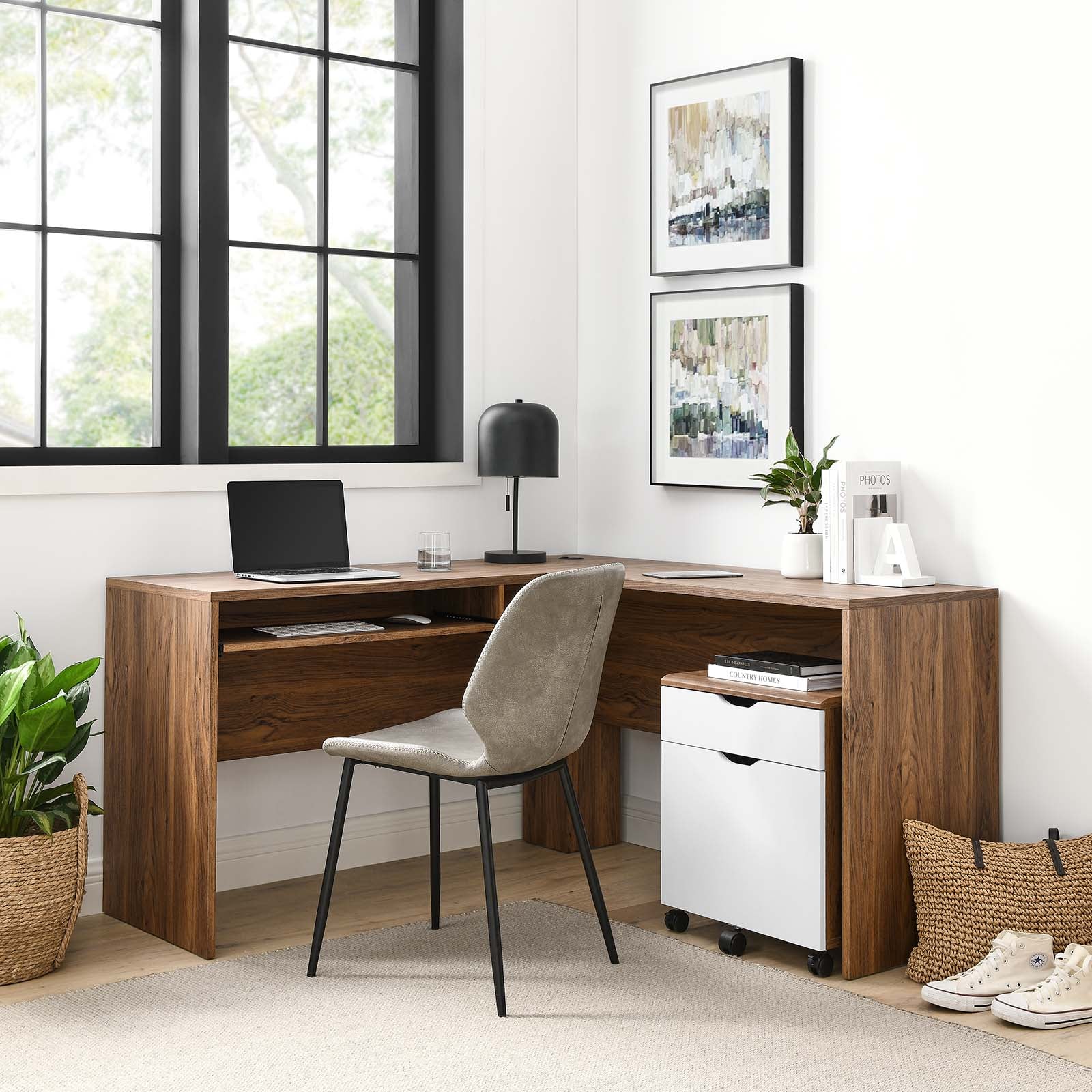 Modway Desks - Envision Wood Desk And File Cabinet Set Walnut White
