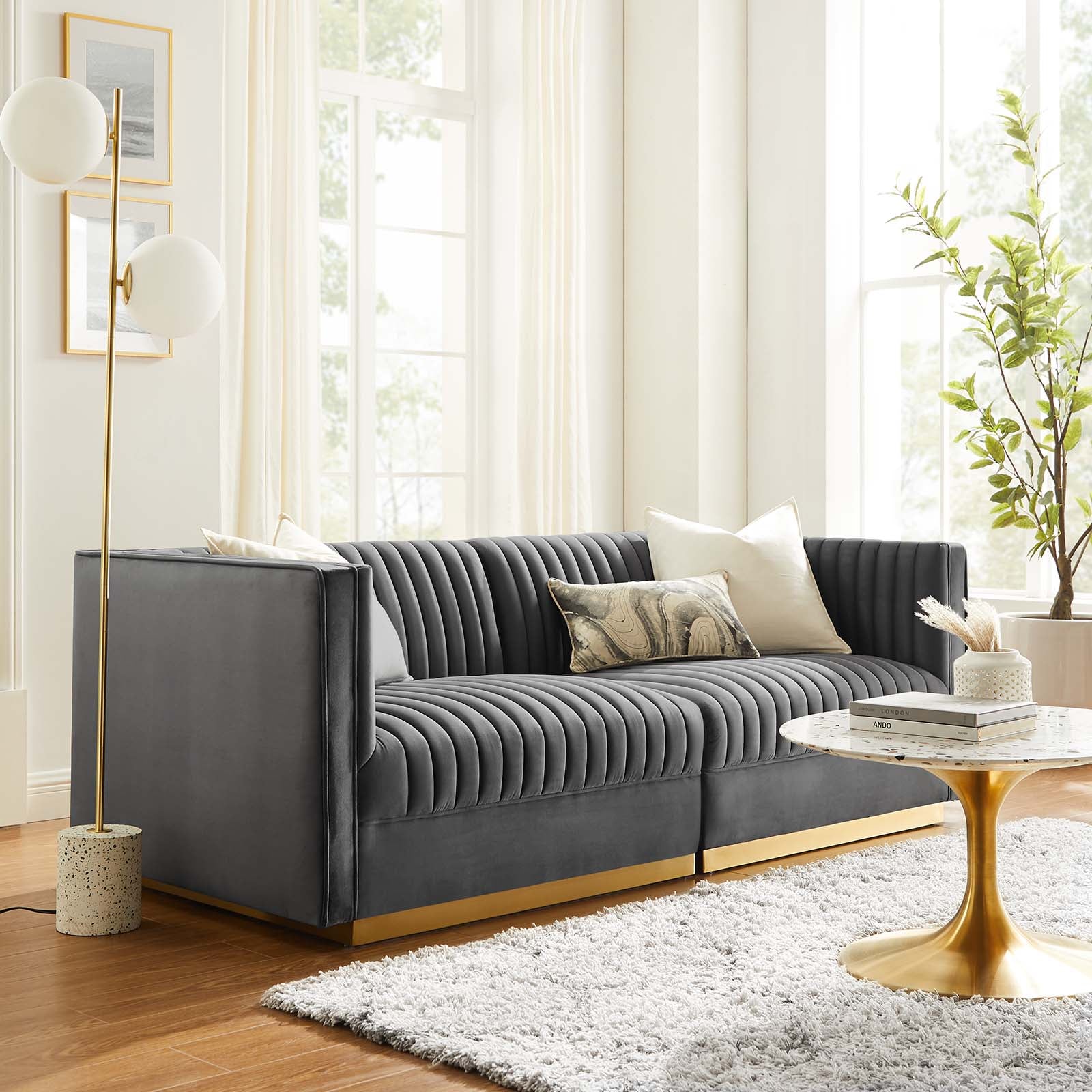 Modway Sectional Sofas - Sanguine Channel Tufted Performance Velvet Modular Sectional Sofa Loveseat Gray