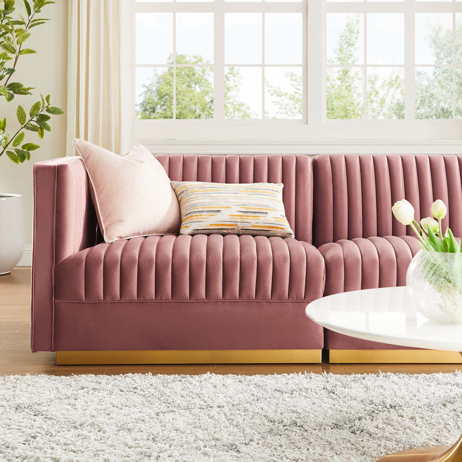 Modway Sectional Sofas - Sanguine Channel Tufted Performance Velvet 3-Seat Modular Sectional Sofa Dusty Rose