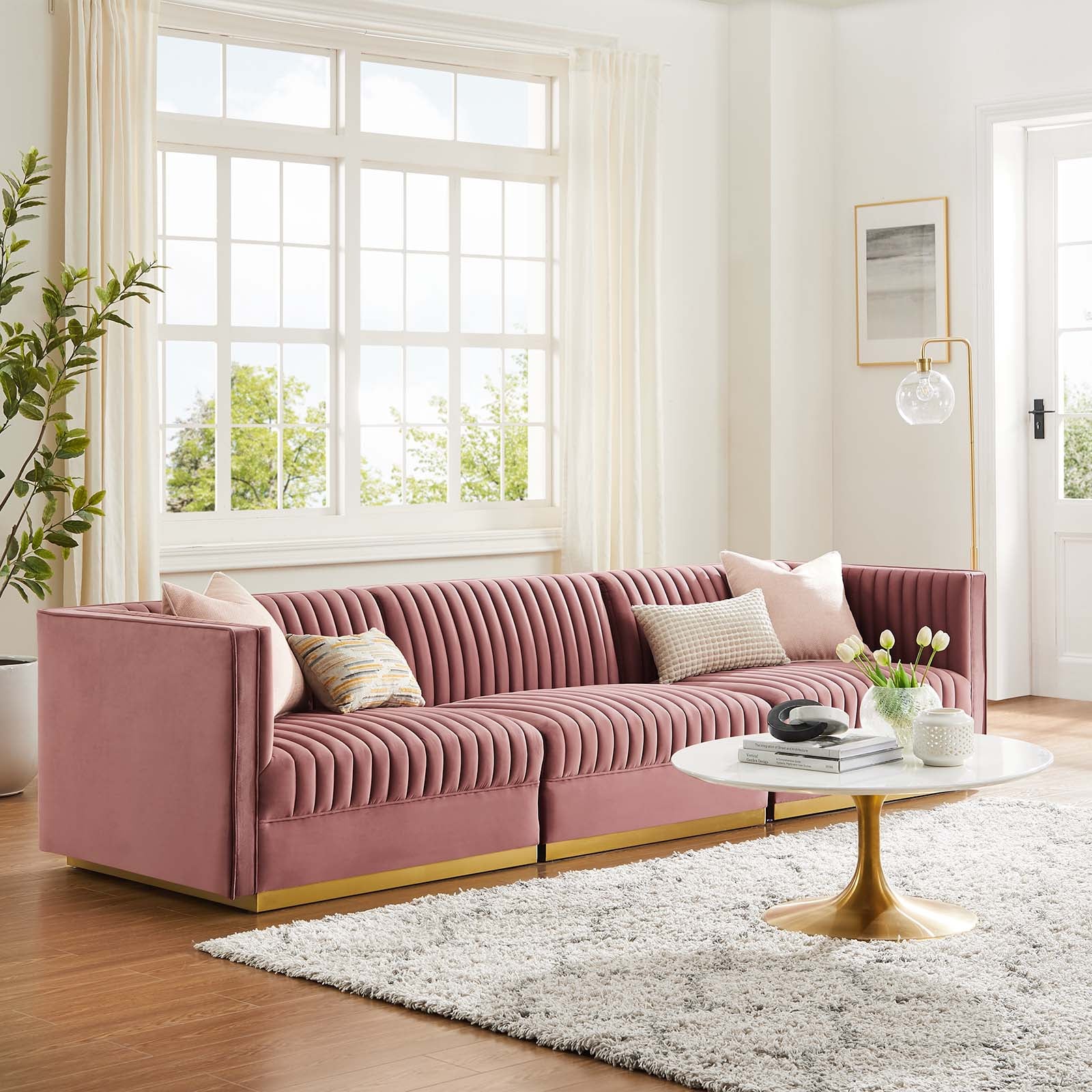 Modway Sectional Sofas - Sanguine Channel Tufted Performance Velvet 3-Seat Modular Sectional Sofa Dusty Rose