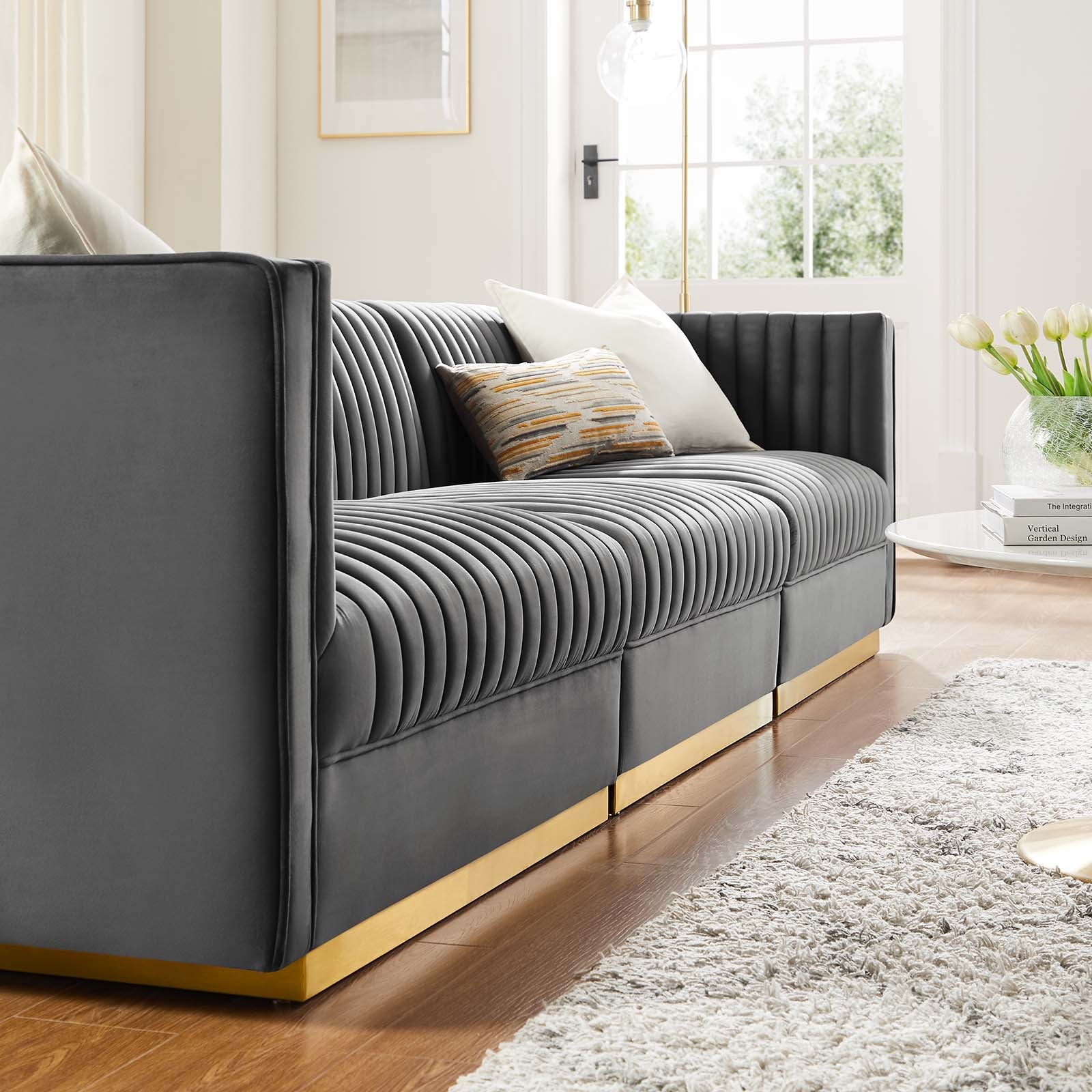 Modway Sectional Sofas - Sanguine Channel Tufted Performance Velvet 3-Seat Modular Sectional Sofa Gray