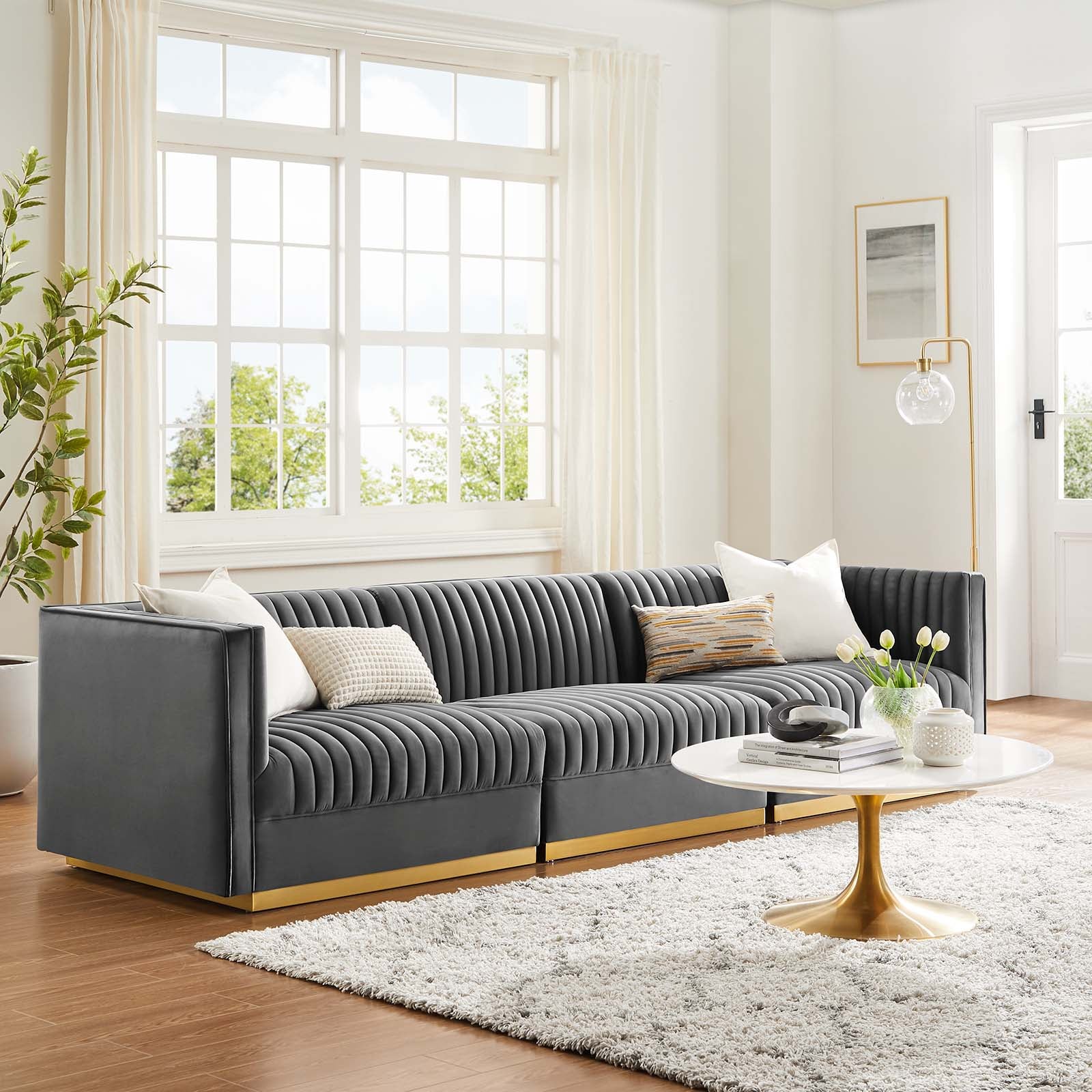 Modway Sectional Sofas - Sanguine Channel Tufted Performance Velvet 3-Seat Modular Sectional Sofa Gray