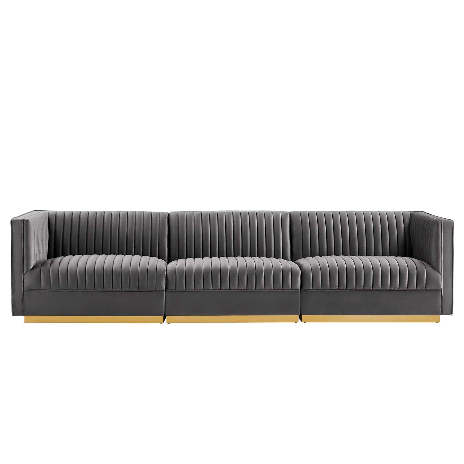 Modway Sectional Sofas - Sanguine Channel Tufted Performance Velvet 3-Seat Modular Sectional Sofa Gray