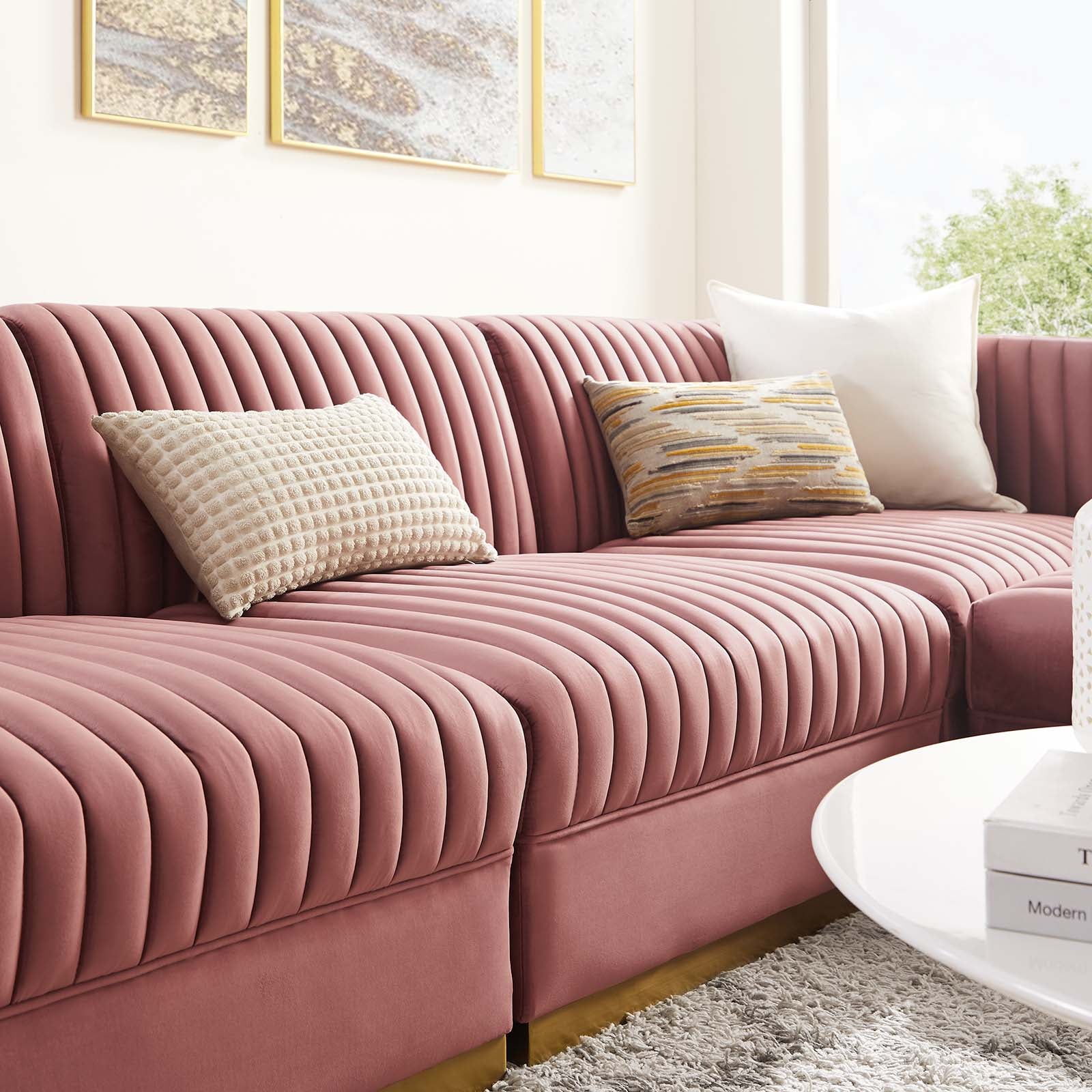 Modway Sectional Sofas - Sanguine Channel Tufted Performance Velvet 4 Piece Modular Sectional Sofa Dusty Rose