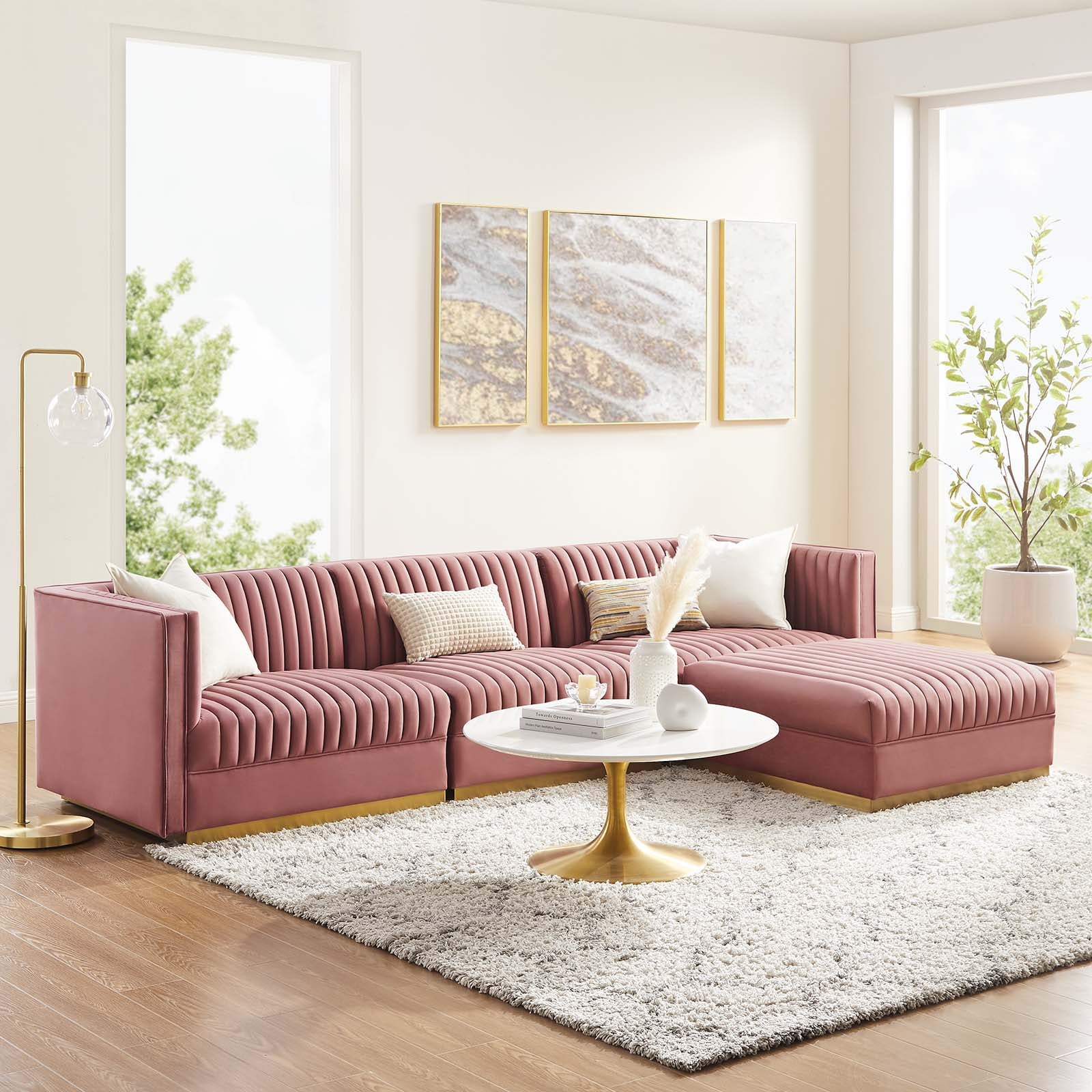 Modway Sectional Sofas - Sanguine Channel Tufted Performance Velvet 4 Piece Modular Sectional Sofa Dusty Rose