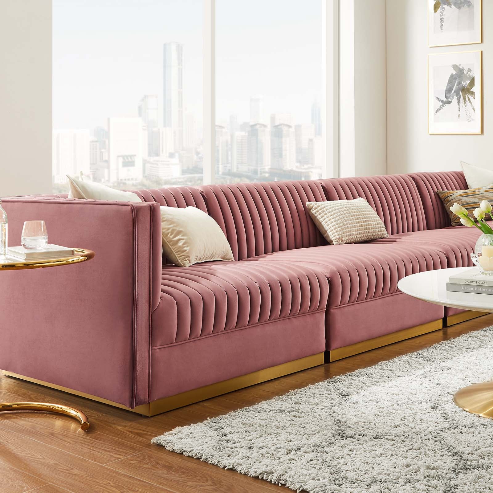 Modway Sectional Sofas - Sanguine Channel Tufted Performance Velvet 4-Seat Modular Sectional Sofa Dusty Rose
