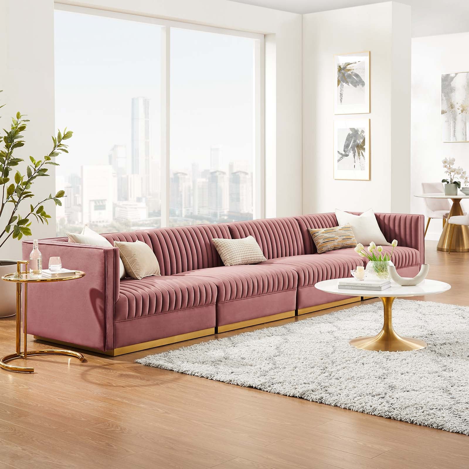 Modway Sectional Sofas - Sanguine Channel Tufted Performance Velvet 4-Seat Modular Sectional Sofa Dusty Rose
