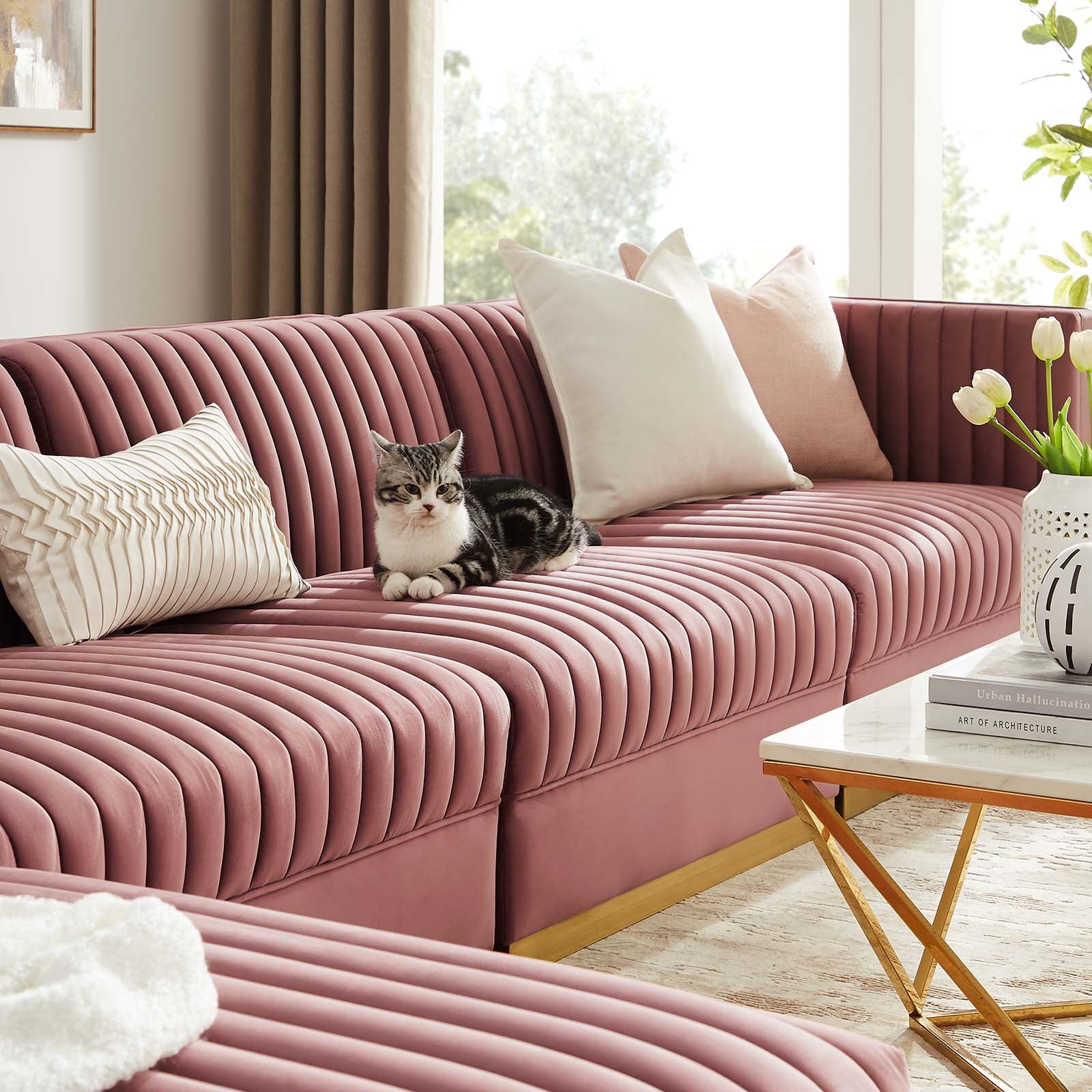 Modway Sectional Sofas - Sanguine Channel Tufted Performance Velvet 5 Piece Modular Sectional Sofa Dusty Rose