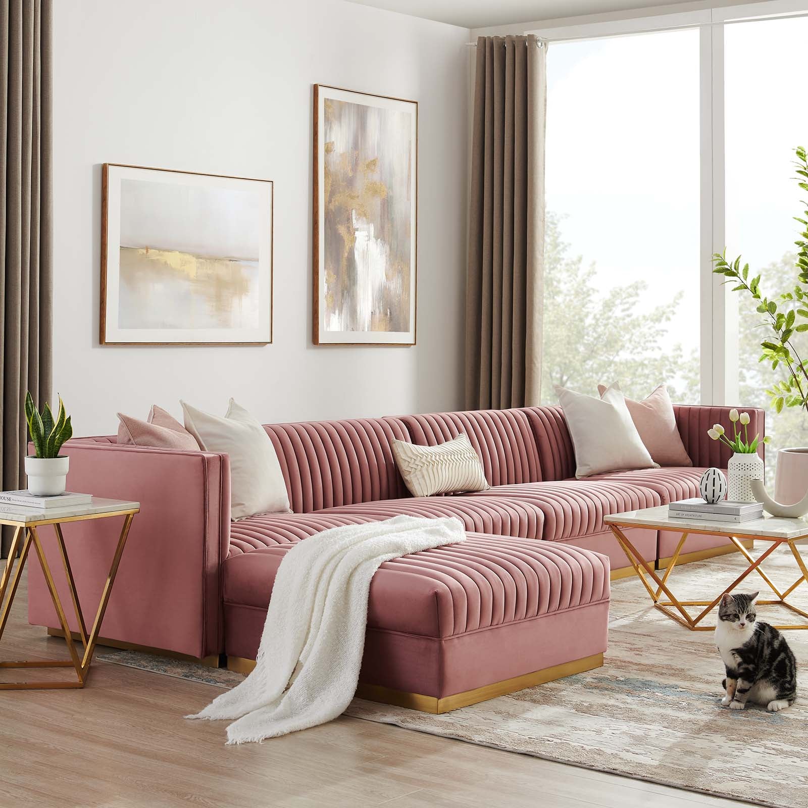 Modway Sectional Sofas - Sanguine Channel Tufted Performance Velvet 5 Piece Modular Sectional Sofa Dusty Rose