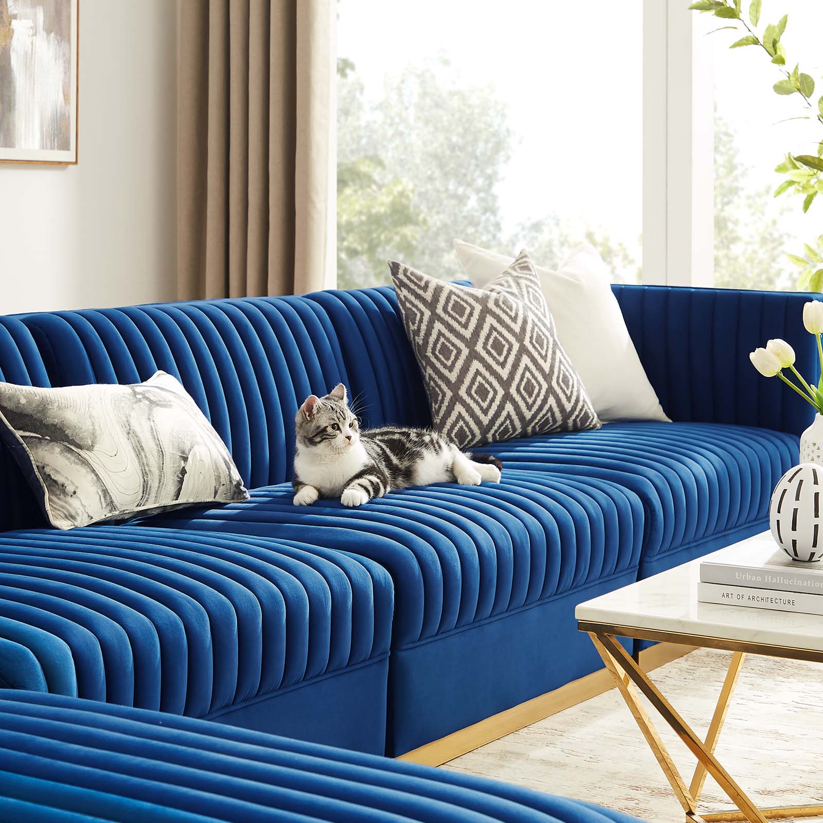 Modway Sectional Sofas - Sanguine Channel Tufted Performance Velvet 5 Piece Modular Sectional Sofa Navy