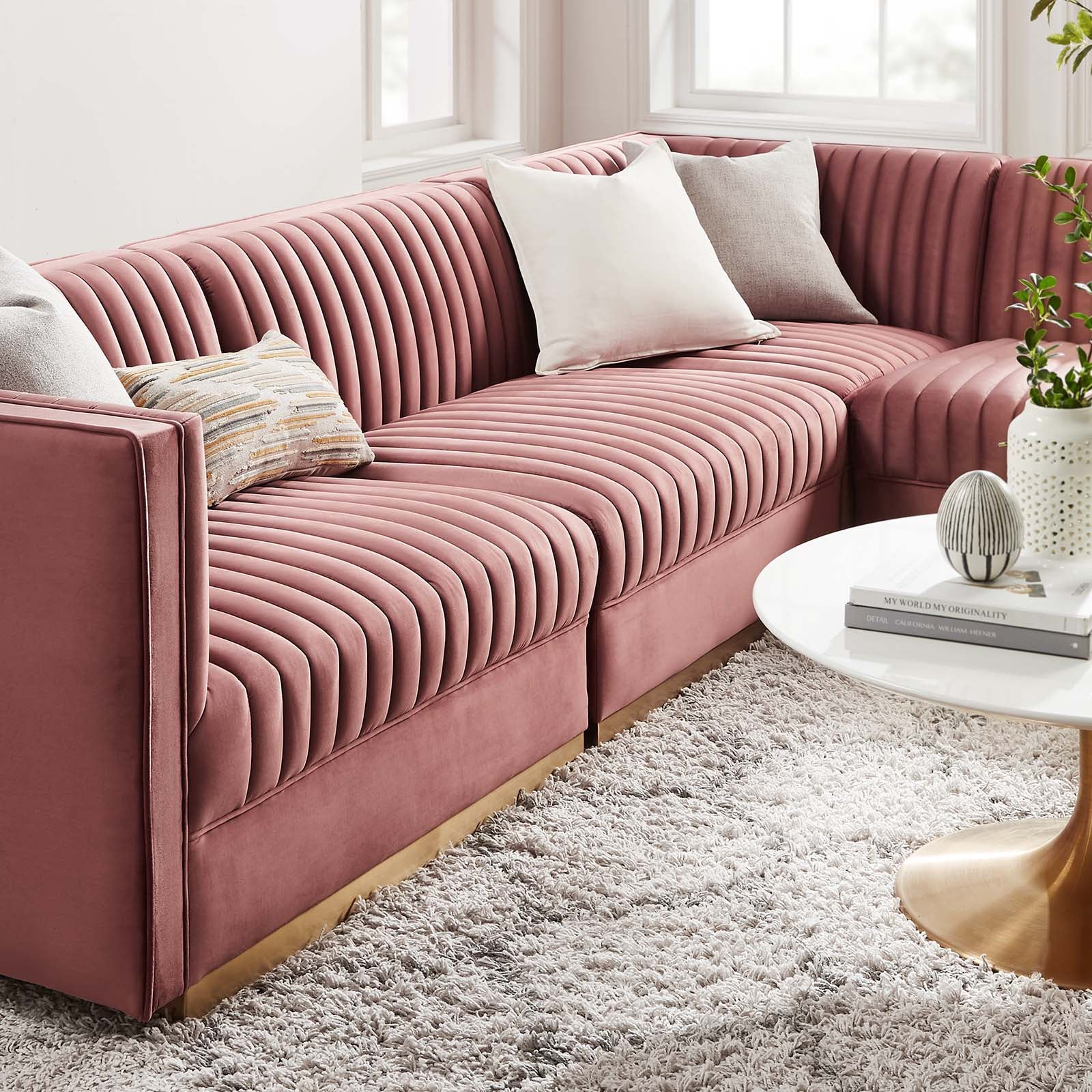 Modway Sectional Sofas - Sanguine Channel Tufted Performance Velvet 4 Piece Right-Facing Modular Sectional Sofa Dusty Rose