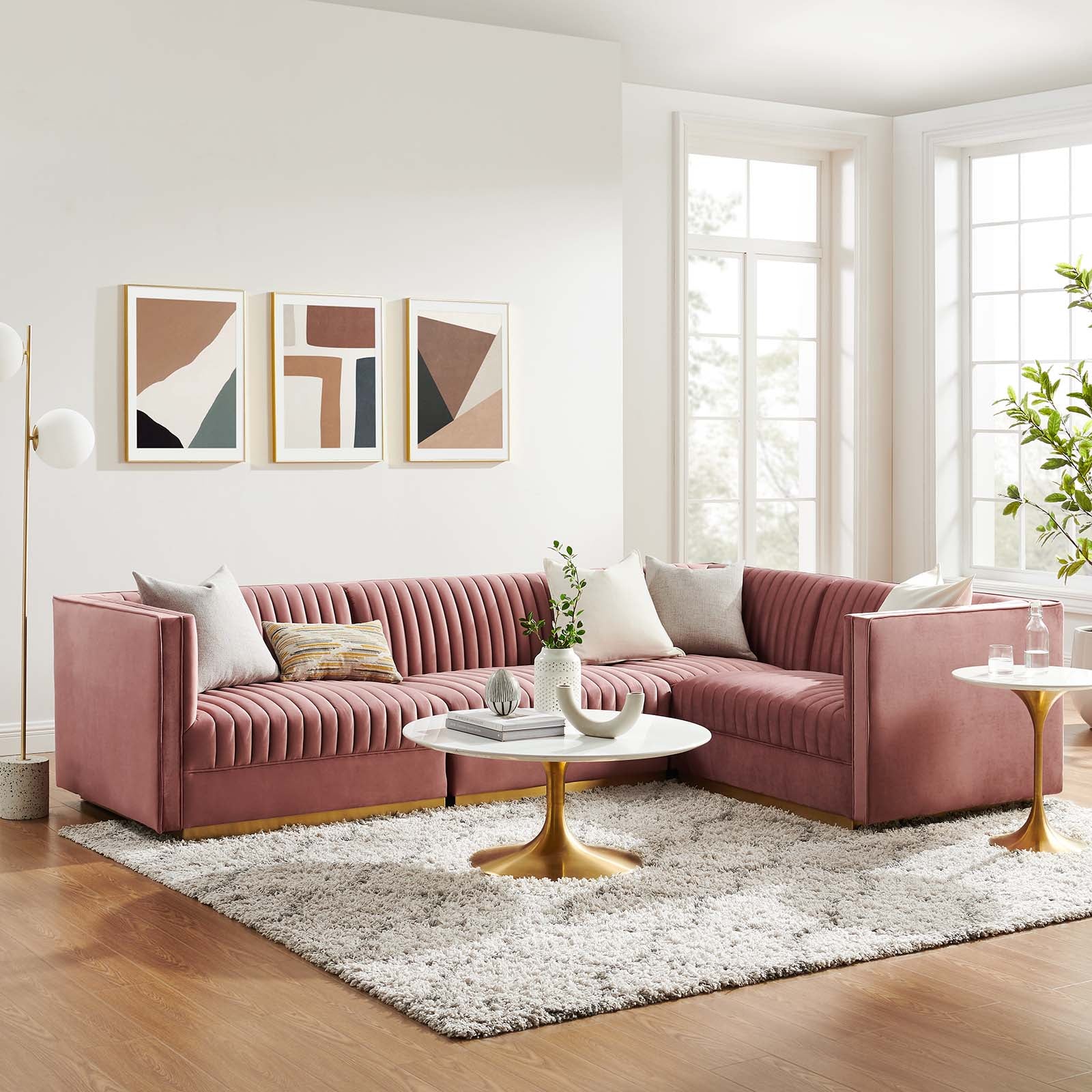 Modway Sectional Sofas - Sanguine Channel Tufted Performance Velvet 4 Piece Right-Facing Modular Sectional Sofa Dusty Rose