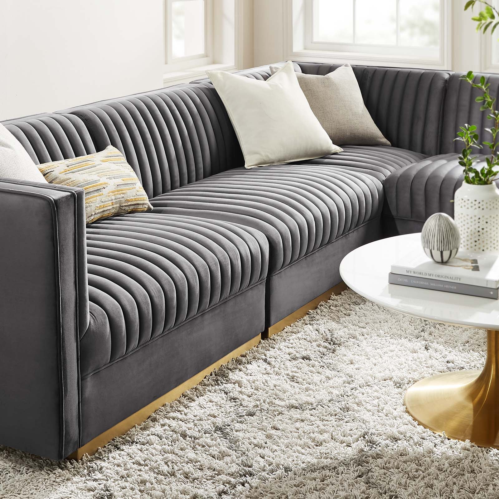 Modway Sectional Sofas - Sanguine Channel Tufted Performance Velvet 4 Piece Right-Facing Modular Sectional Sofa Gray