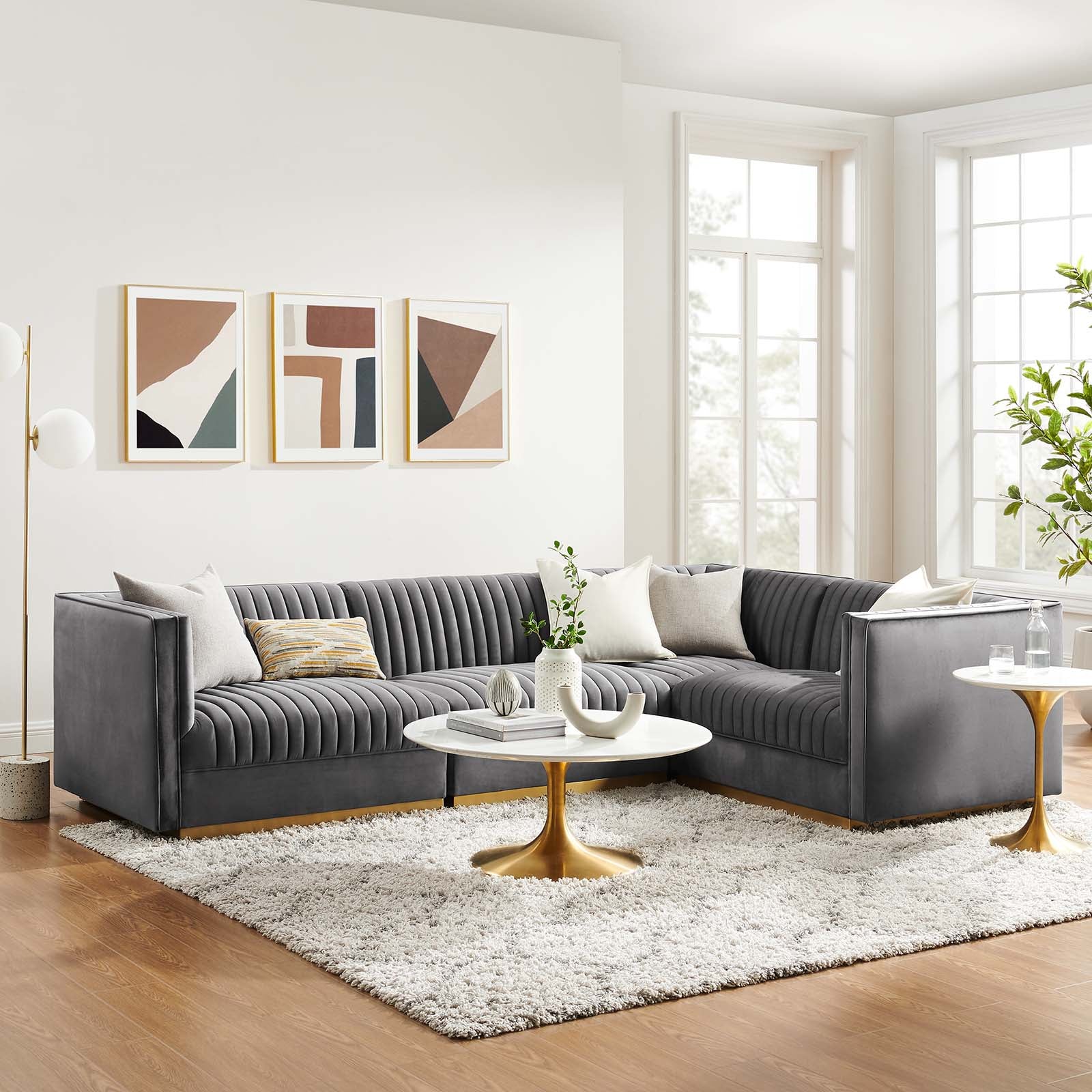 Modway Sectional Sofas - Sanguine Channel Tufted Performance Velvet 4 Piece Right-Facing Modular Sectional Sofa Gray
