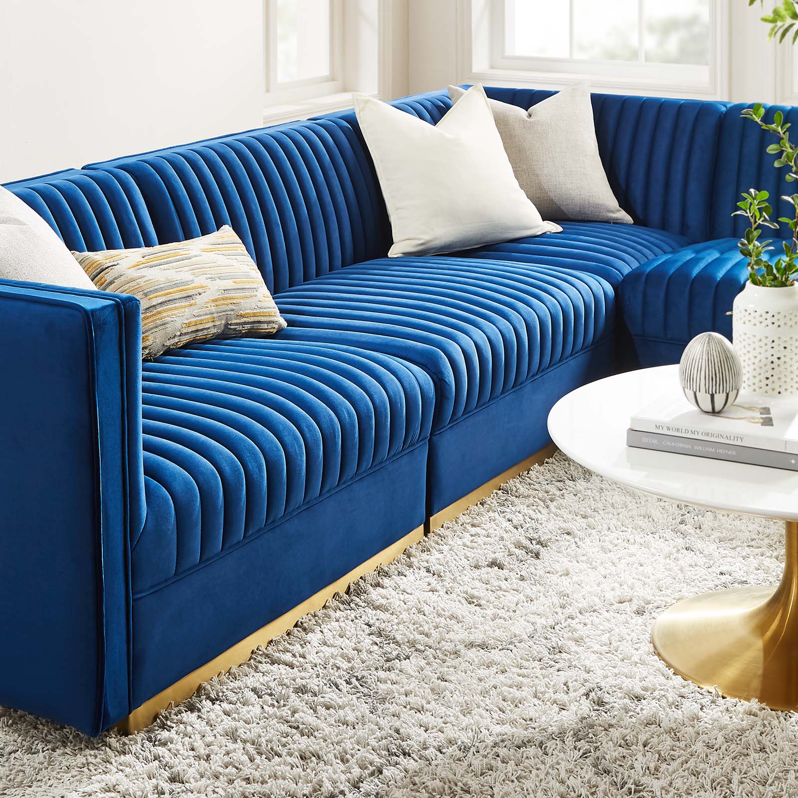 Modway Sectional Sofas - Sanguine Channel Tufted Performance Velvet 4 Piece Right-Facing Modular Sectional Sofa Navy
