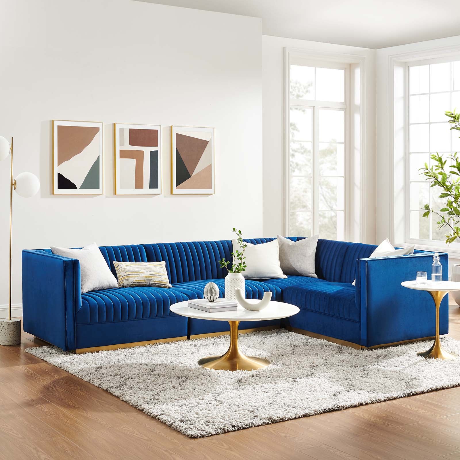 Modway Sectional Sofas - Sanguine Channel Tufted Performance Velvet 4 Piece Right-Facing Modular Sectional Sofa Navy