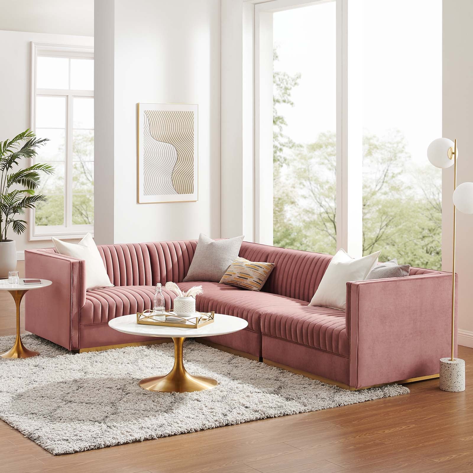 Modway Sectional Sofas - Sanguine Channel Tufted Performance Velvet 4 Piece Left-Facing Modular Sectional Sofa Dusty Rose
