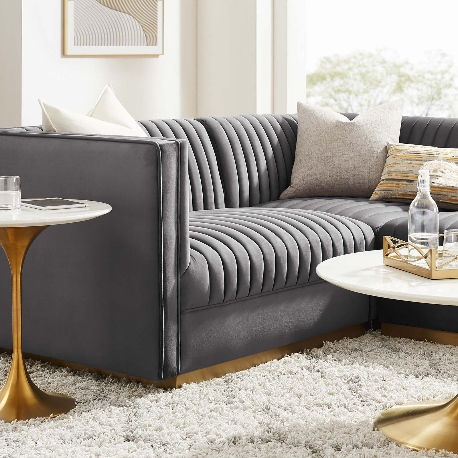 Modway Sectional Sofas - Sanguine Channel Tufted Performance Velvet 4 Piece Left-Facing Modular Sectional Sofa Gray