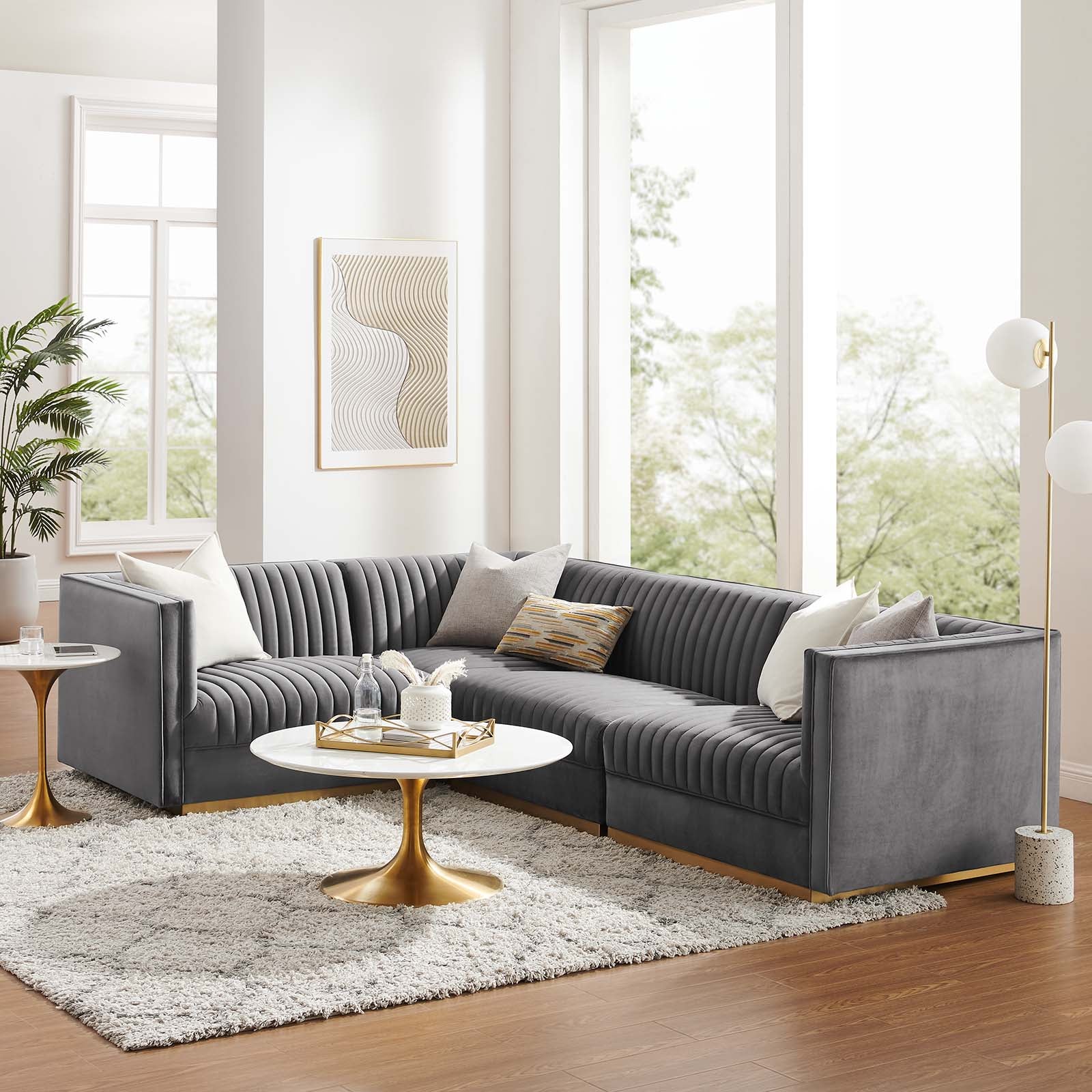 Modway Sectional Sofas - Sanguine Channel Tufted Performance Velvet 4 Piece Left-Facing Modular Sectional Sofa Gray