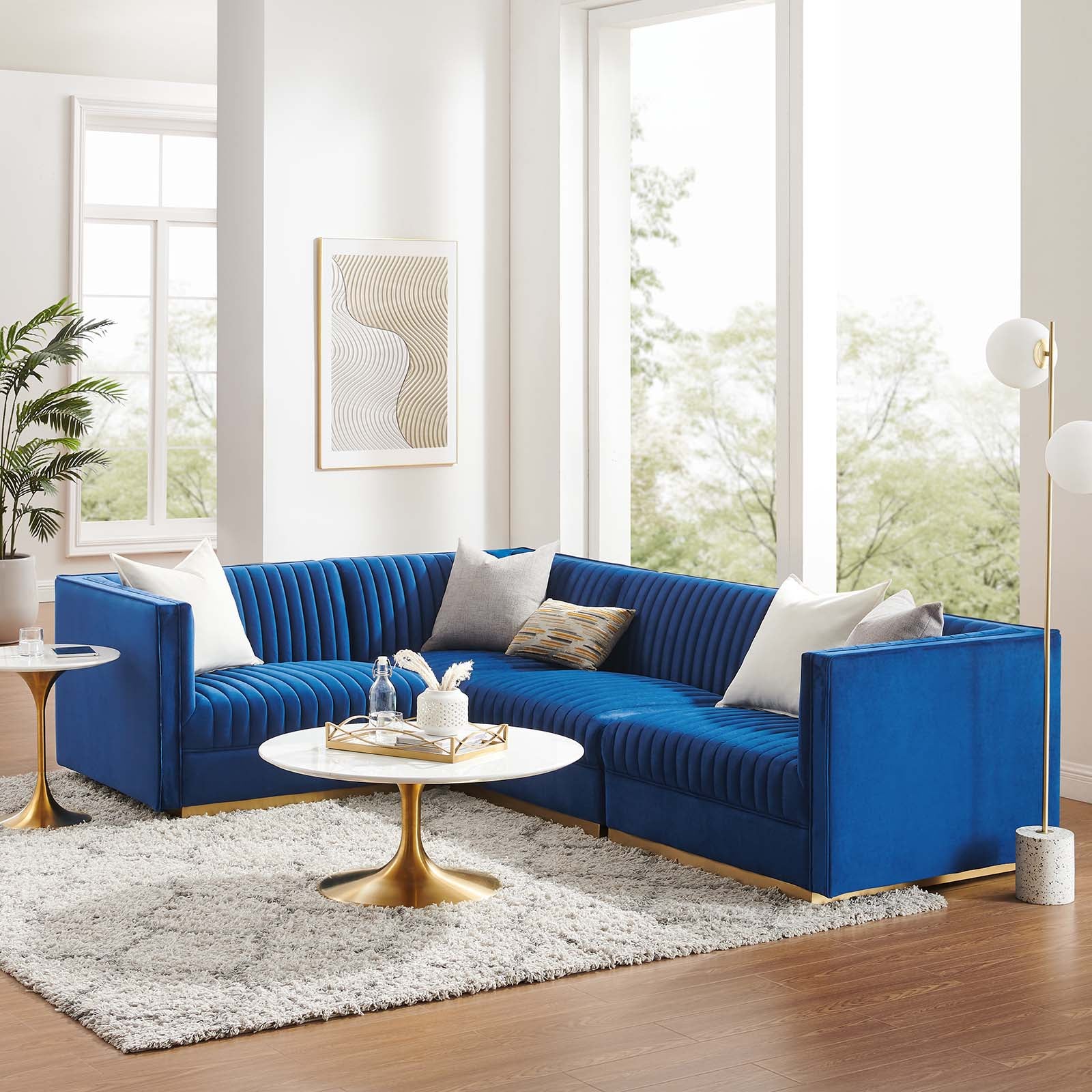 Modway Sectional Sofas - Sanguine Channel Tufted Performance Velvet 4 Piece Left-Facing Modular Sectional Sofa Navy