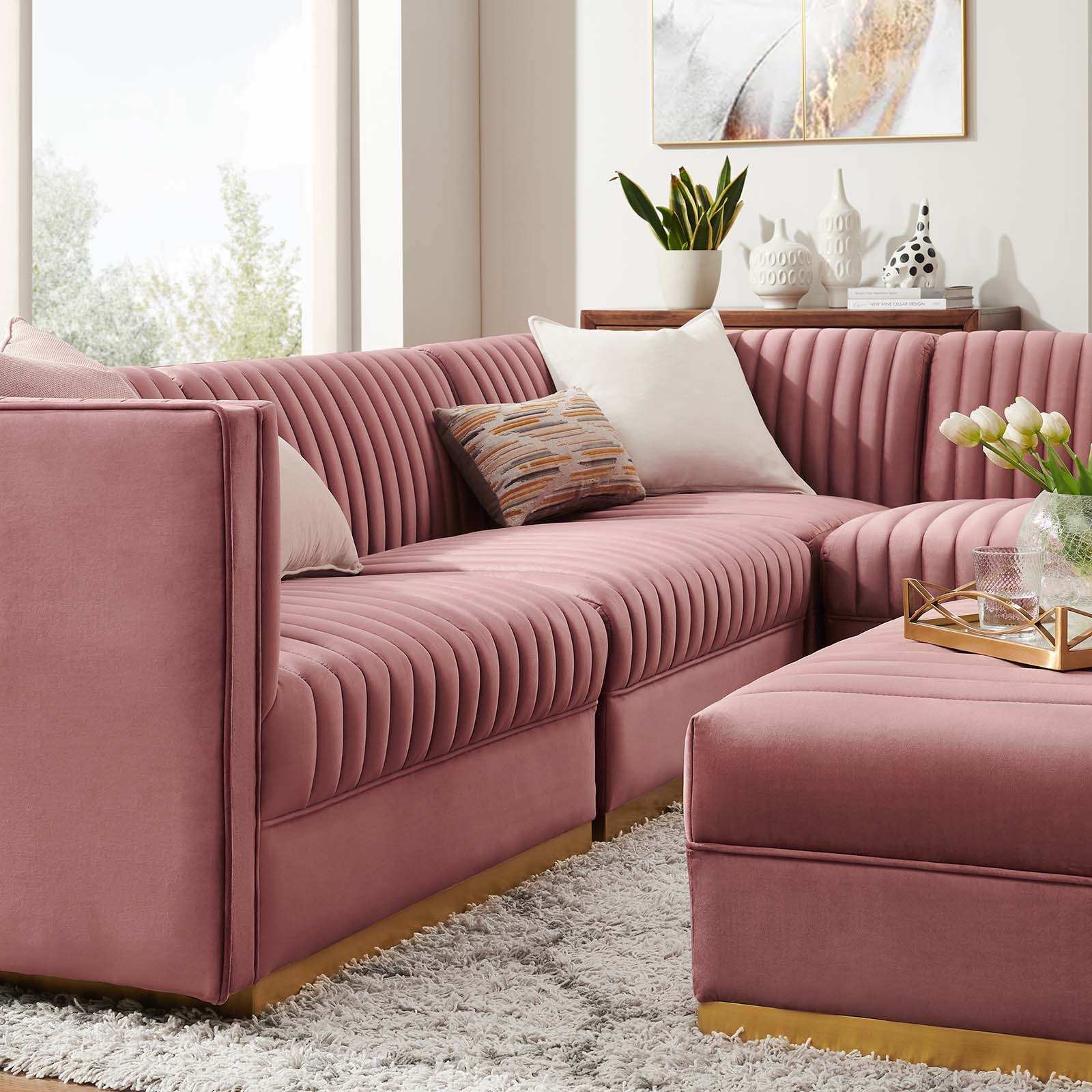 Modway Sectional Sofas - Sanguine Channel Tufted Performance Velvet 5 Piece Right-Facing Modular Sectional Sofa Dusty Rose