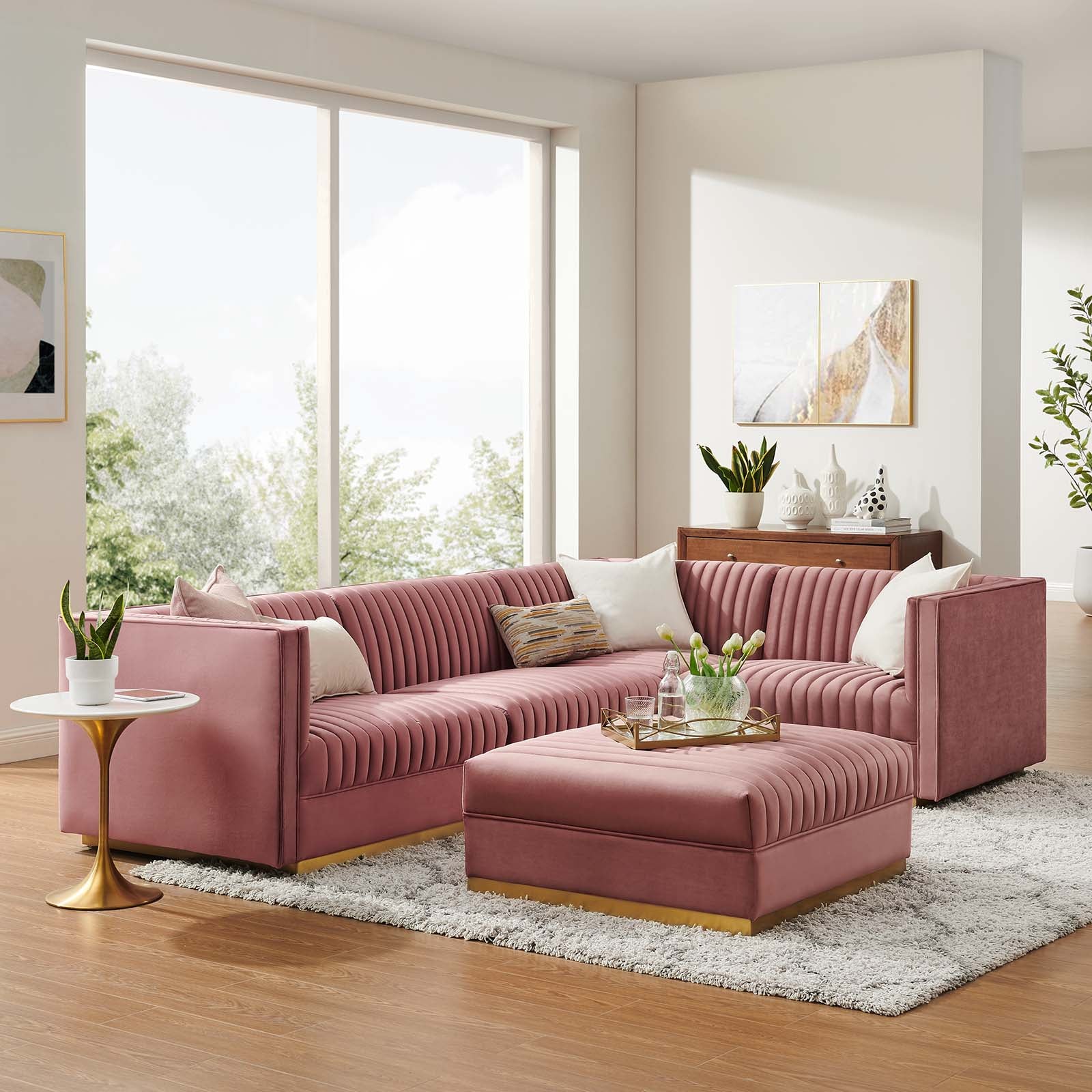 Modway Sectional Sofas - Sanguine Channel Tufted Performance Velvet 5 Piece Right-Facing Modular Sectional Sofa Dusty Rose