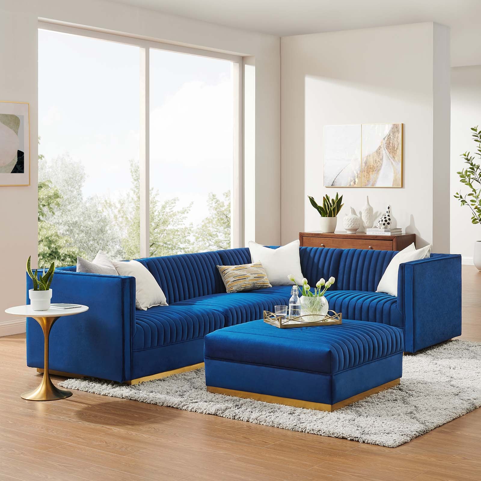 Modway Sectional Sofas - Sanguine Channel Tufted Performance Velvet 5 Piece Right-Facing Modular Sectional Sofa Navy