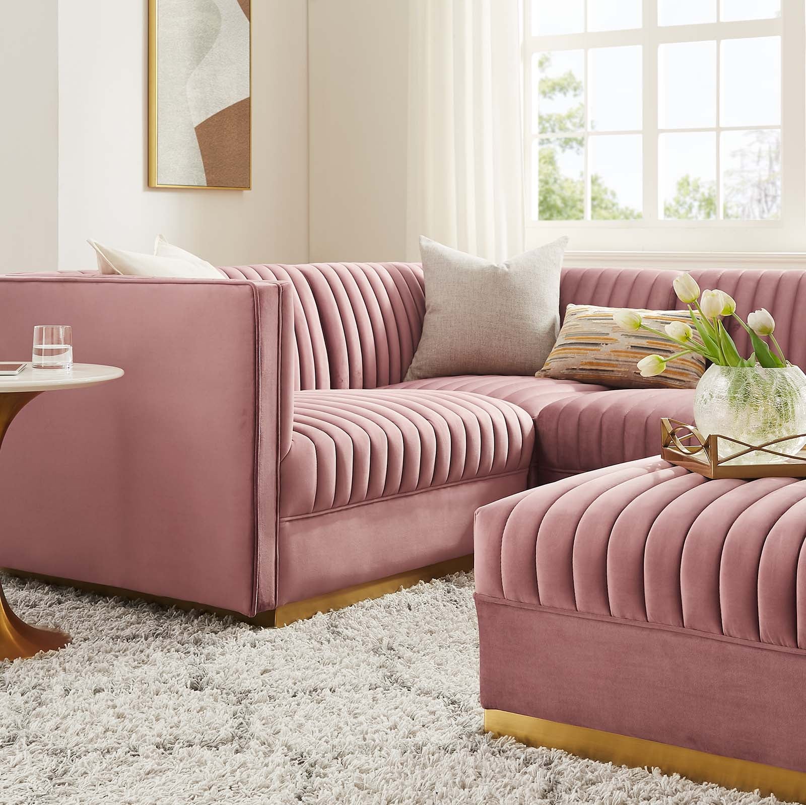 Modway Sectional Sofas - Sanguine Channel Tufted Performance Velvet 5 Piece Left-Facing Modular Sectional Sofa Dusty Rose