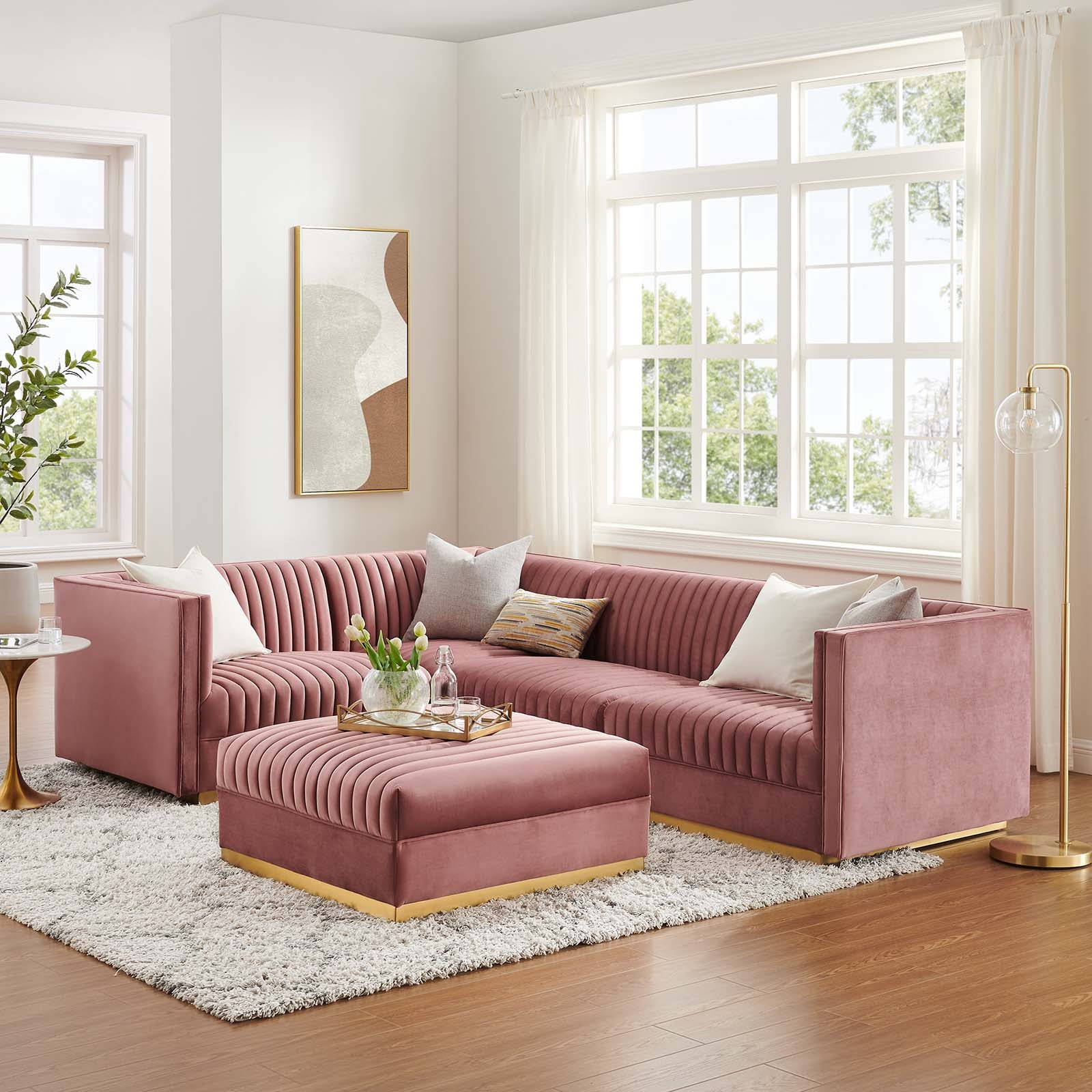 Modway Sectional Sofas - Sanguine Channel Tufted Performance Velvet 5 Piece Left-Facing Modular Sectional Sofa Dusty Rose