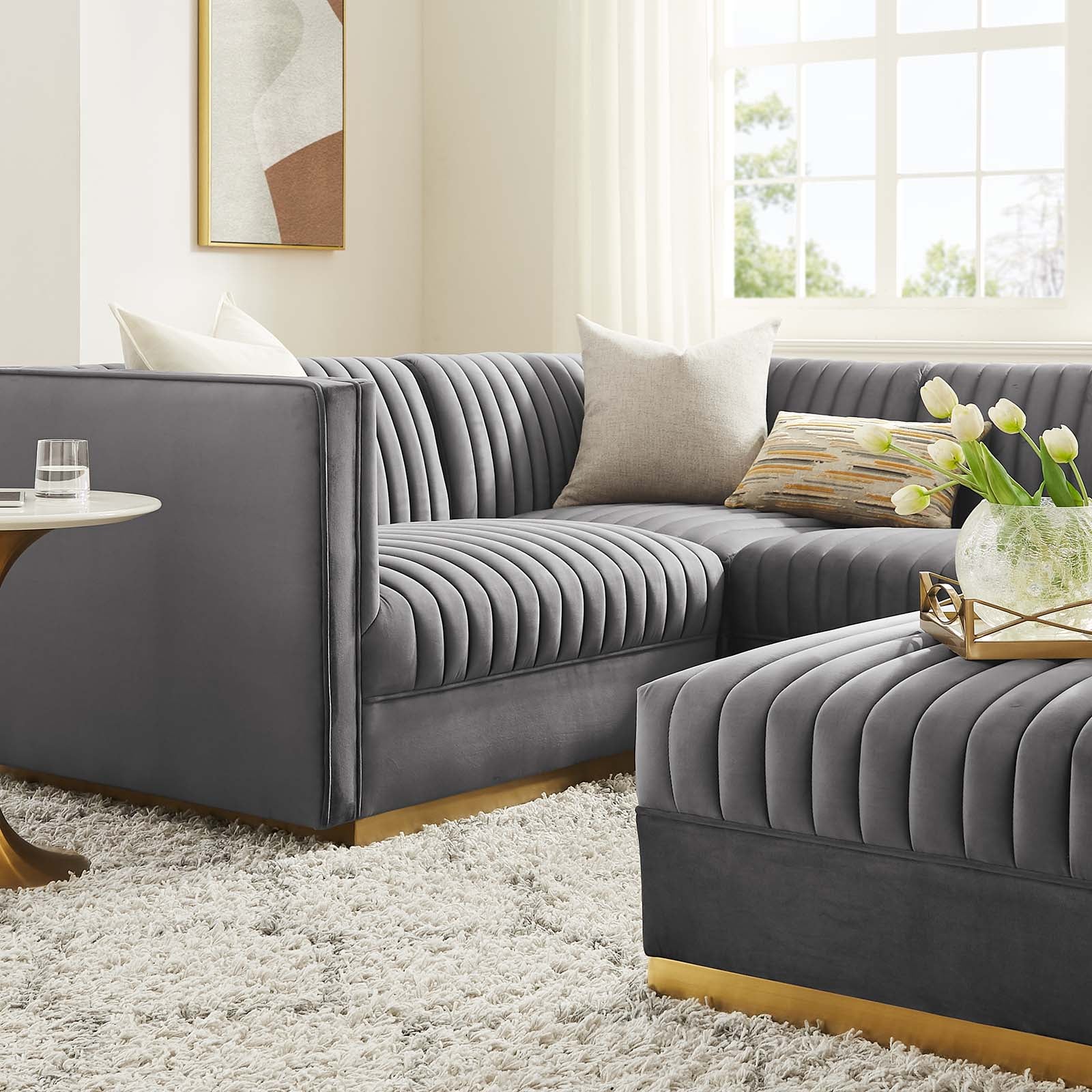 Modway Sectional Sofas - Sanguine Channel Tufted Performance Velvet 5 Piece Left-Facing Modular Sectional Sofa Gray
