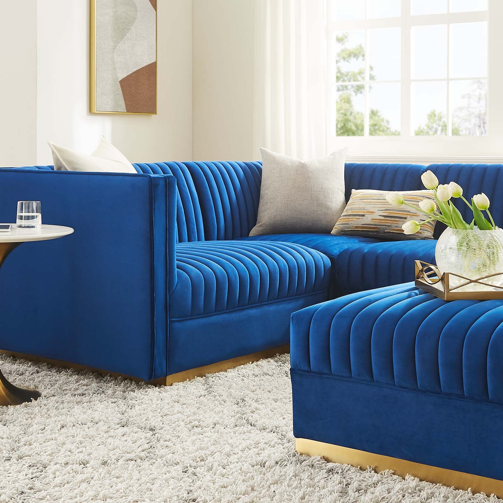 Modway Sectional Sofas - Sanguine Channel Tufted Performance Velvet 5 Piece Left-Facing Modular Sectional Sofa Navy