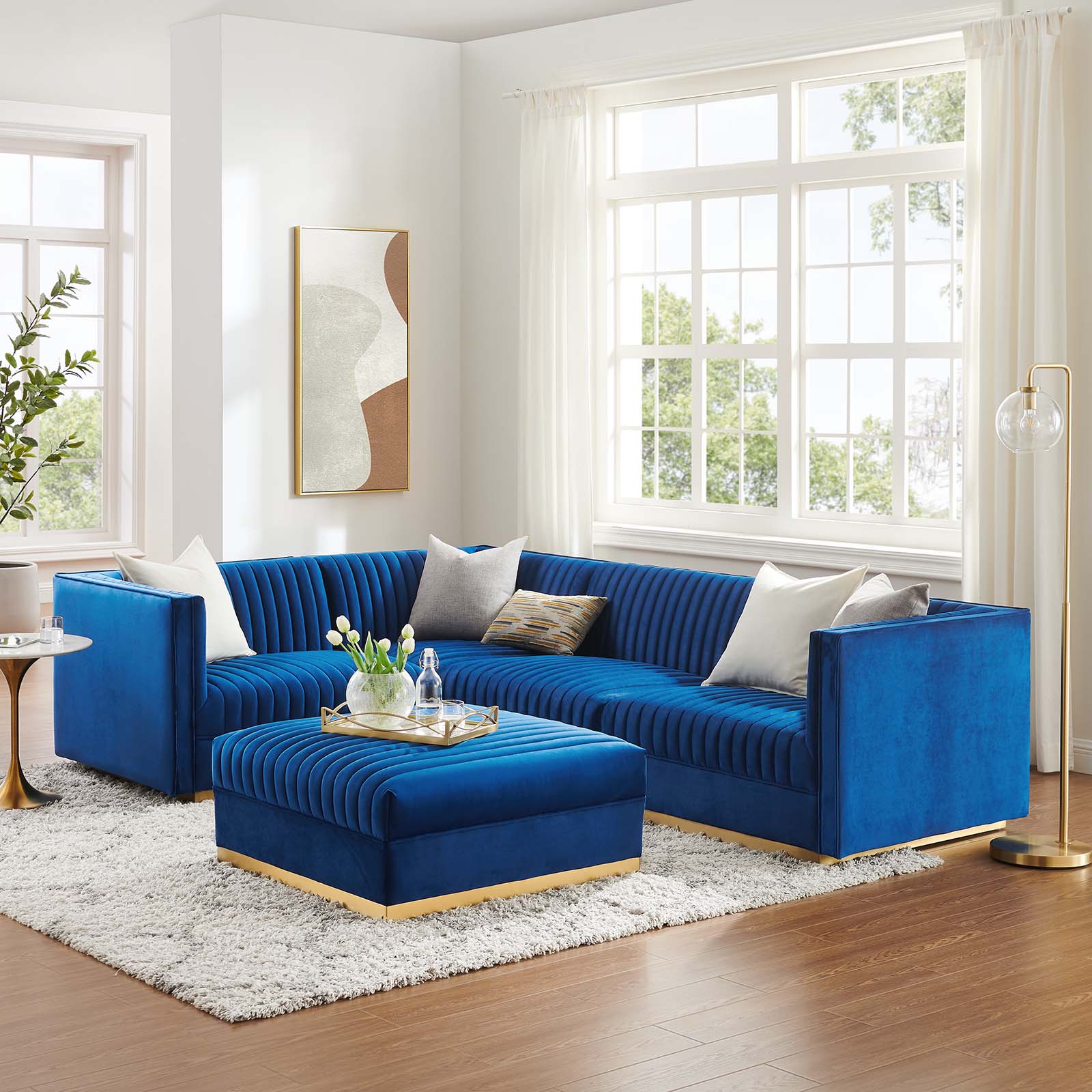 Modway Sectional Sofas - Sanguine Channel Tufted Performance Velvet 5 Piece Left-Facing Modular Sectional Sofa Navy