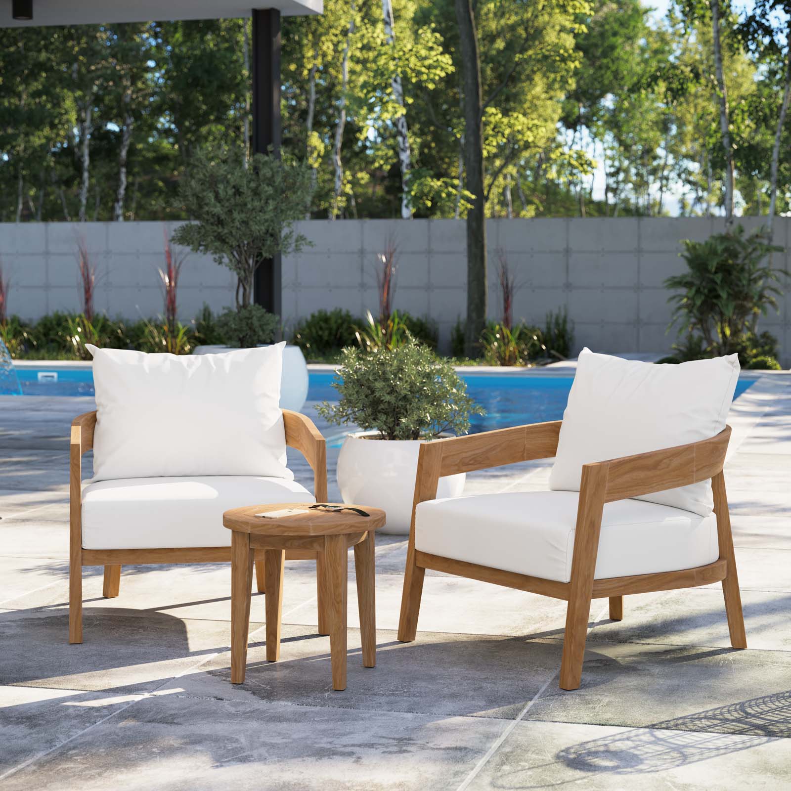 Modway Outdoor Conversation Sets - Brisbane 3-Piece Teak Wood Outdoor Patio Outdoor Patio Set Natural White