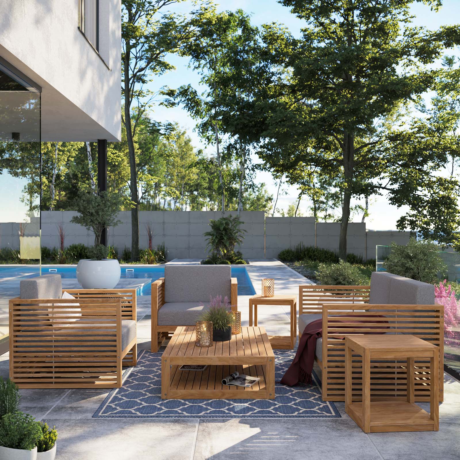 Modway Outdoor Conversation Sets - Carlsbad 6 Piece Teak Wood Outdoor Patio Outdoor Patio Set Natural Gray
