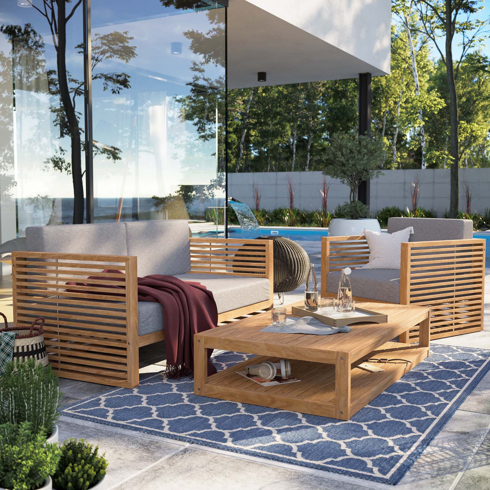 Modway Outdoor Conversation Sets - Carlsbad 3 Piece Teak Wood Outdoor Patio Outdoor Patio Set Natural Gray