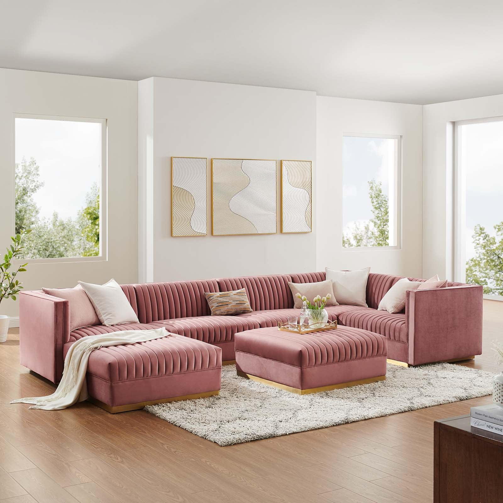 Modway Sectional Sofas - Sanguine Channel Tufted Performance Velvet 7-Piece Right-Facing Modular Sectional Sofa Dusty Rose