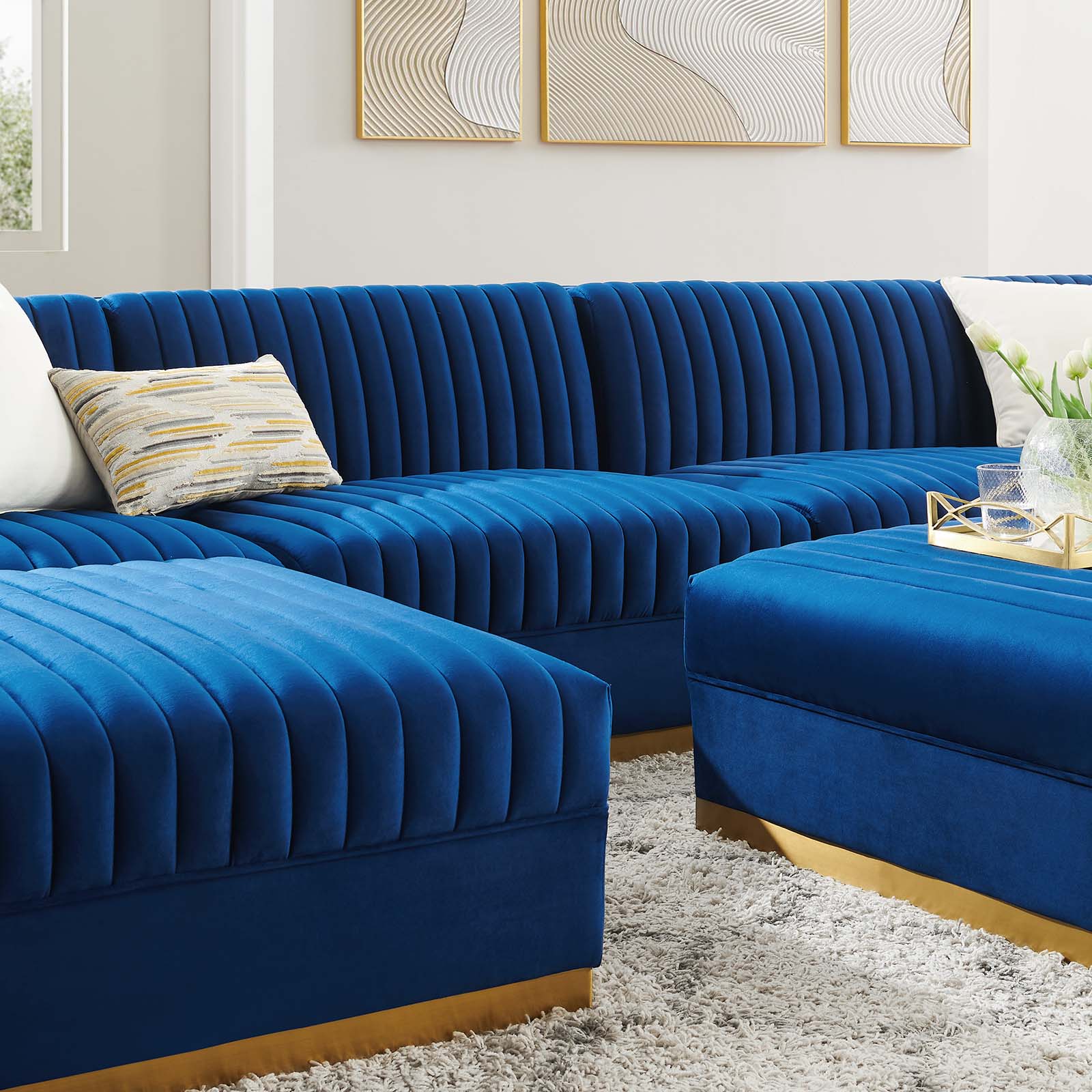 Modway Sectional Sofas - Sanguine Channel Tufted Performance Velvet 7-Piece Right-Facing Modular Sectional Sofa Navy