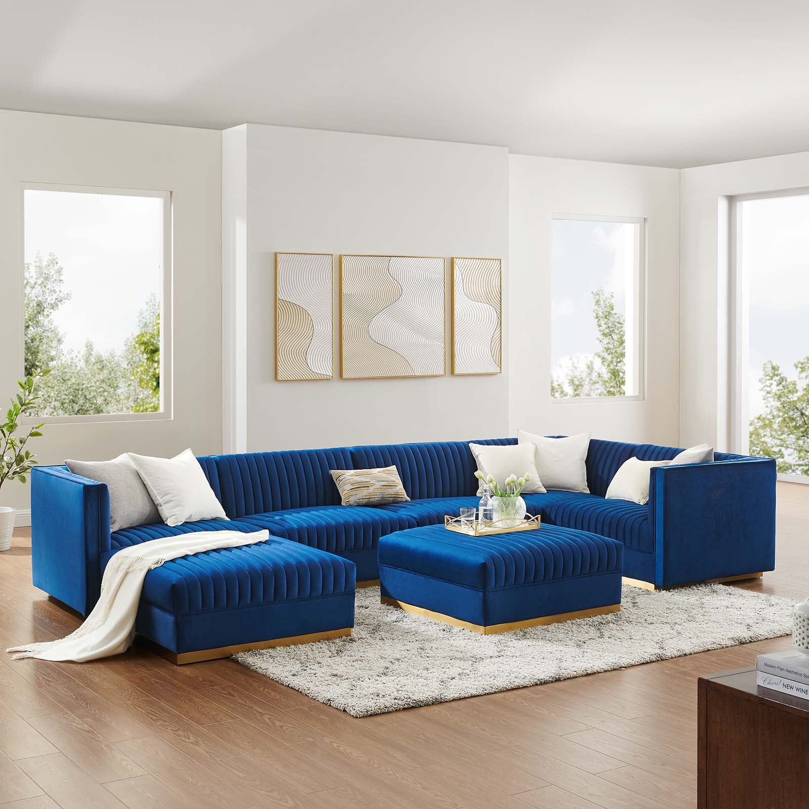 Modway Sectional Sofas - Sanguine Channel Tufted Performance Velvet 7-Piece Right-Facing Modular Sectional Sofa Navy